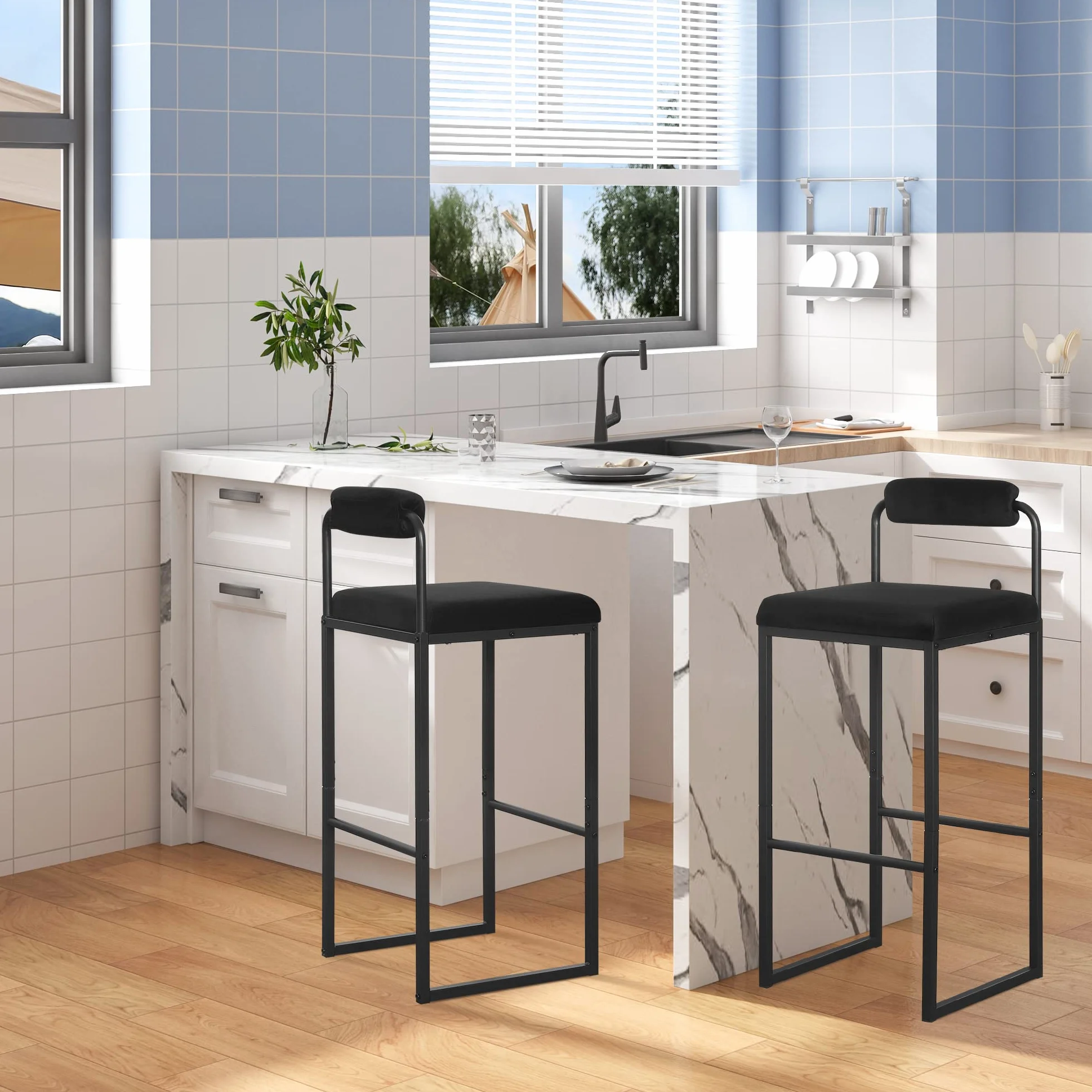WOLTU 4 x stołek barowy z podnóżkiem, wysokie krzesło z oparciem, aksamitny taboret z tapicerką, taboret tapicerowany z metalu, ergonomiczny taboret, czarny BH343sz-4