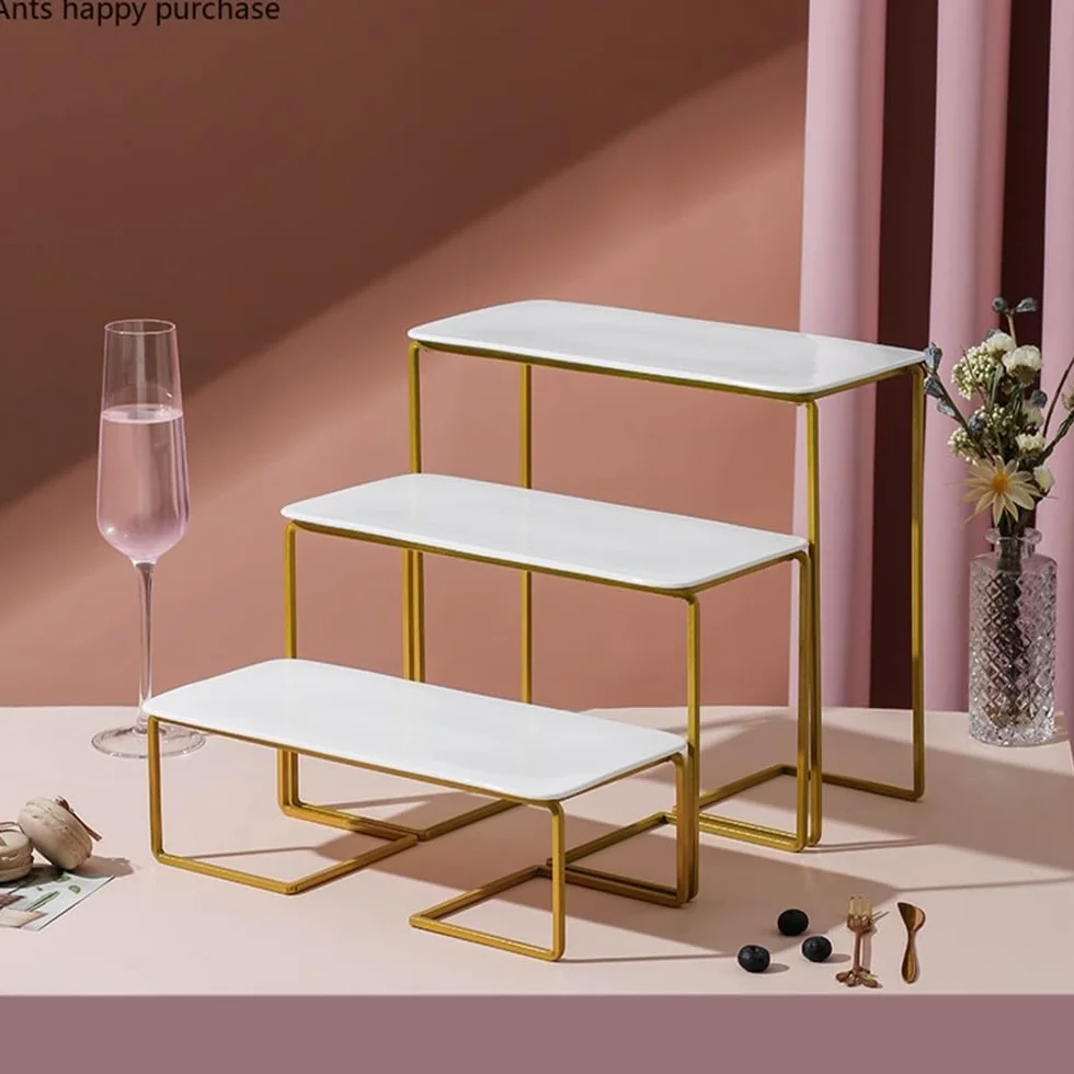 Wieża do ekspozycji ciast Stojak na ciasto z kutego żelaza, biały ceramiczny talerz, foremka babeczki, przekąski, deser, stojak ekspozycyjny Stojak na ciasta(Gold,Duży)