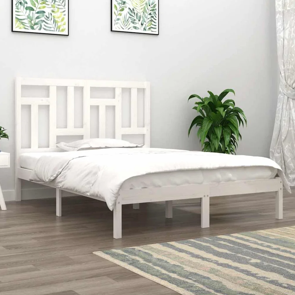 Lite drewno sosnowe z zagłówkiem klasyczny biały 140x200 cm | Rama łóżka bez materaca biała 140x200 cm lite drewno sosnowe z zagłówkiem stelażem