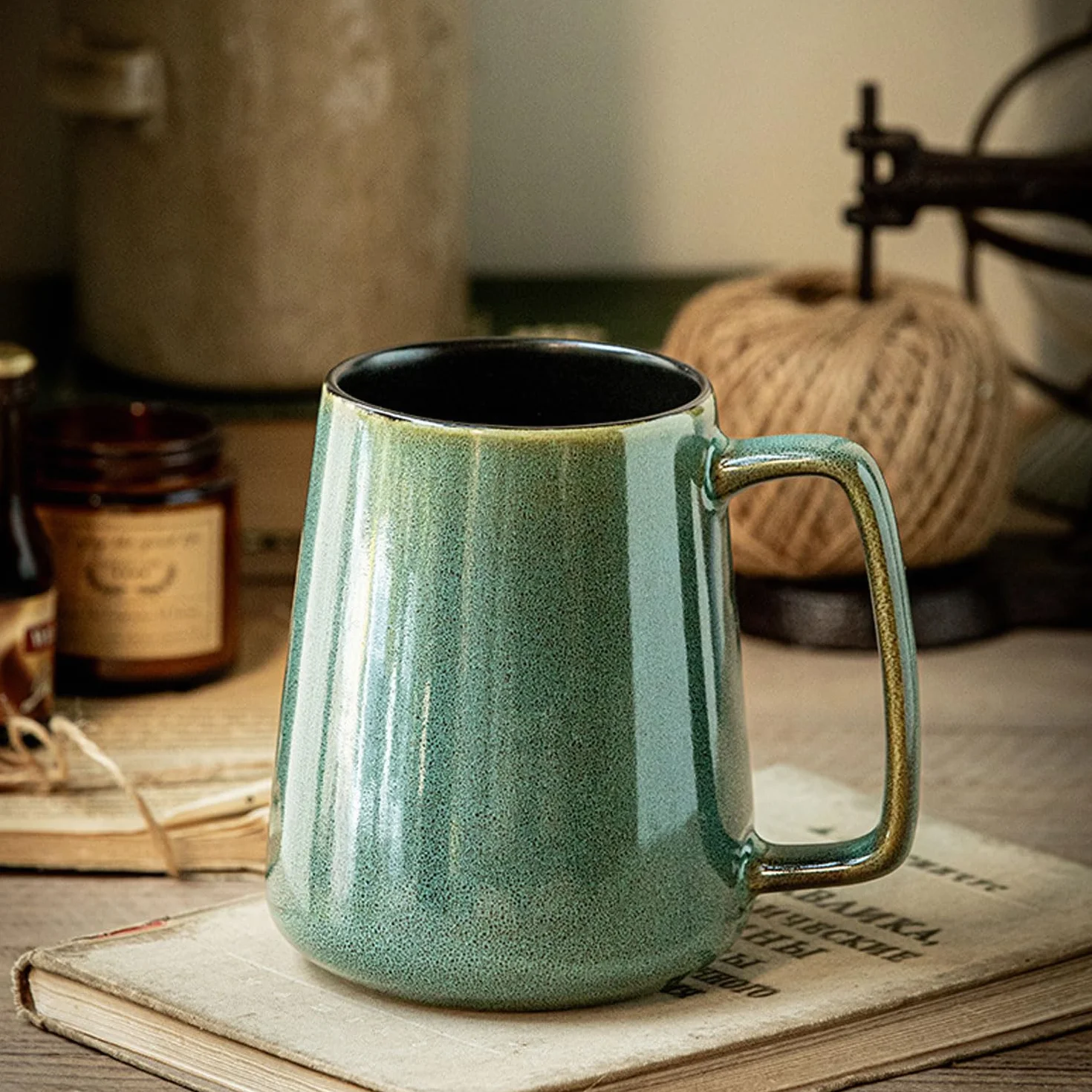 Ceramiczny kubek do kawy 24 uncji, duży kubek do kawy mlecznej filiżanka do herbaty gładka glazura kakao cappuccino mleko płatki, można myć w zmywarce Można używać w kuchence mikrofalowej (zielony)