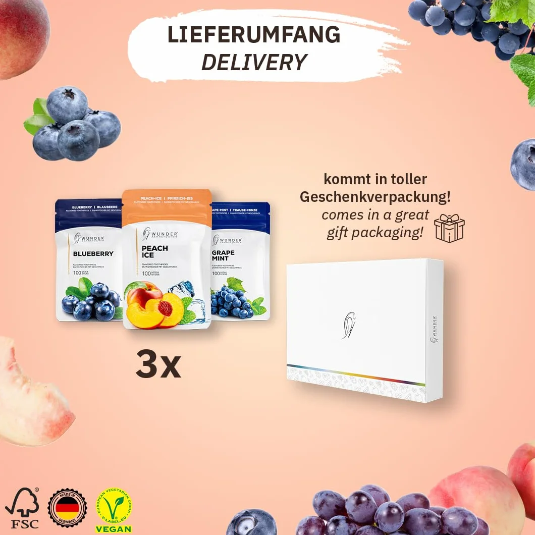 Wunder wykałaczki - w 3 orzeźwiających odmianach FRUIT CRUSH PACK - Wykałaczki smakowe - Zamiennik gumy - Świeży oddech z aromatyzowanymi wykałaczkami
