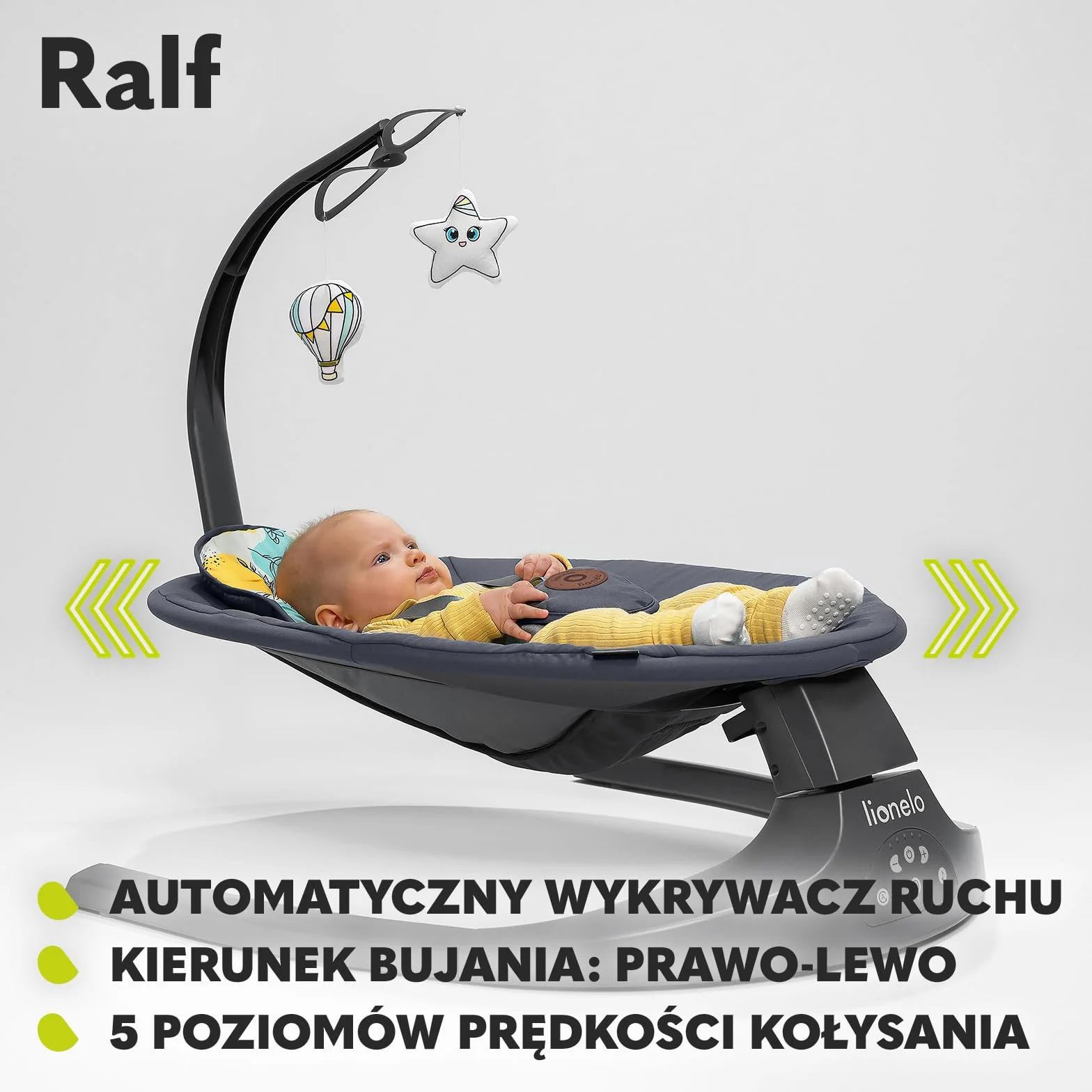 LIONELO Ralf 2w1 bujaczek i leżak dla dzieci, pilot, 12 melodii, dwa kierunki bujania, 5 prędkości bujania, blokada, regulacja oparcia, timer, cicha praca (Szary)