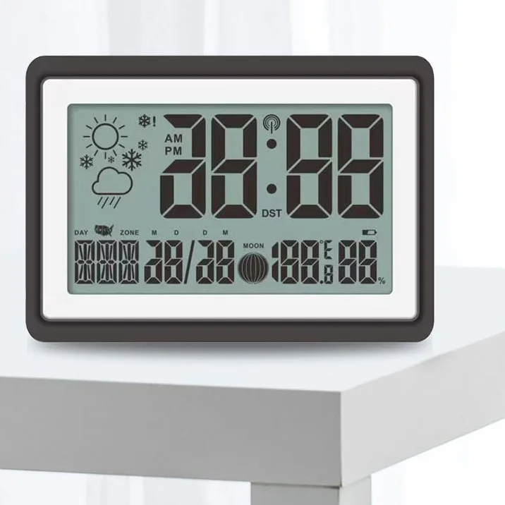 Zegar cyfrowy z wyświetlaczem LCD, zegar ścienny, zegary biurkowe, zasilanie bateryjne, pogoda, dzień tygodnia, wilgotność powietrza, 12/24 godziny, prognoza pogody