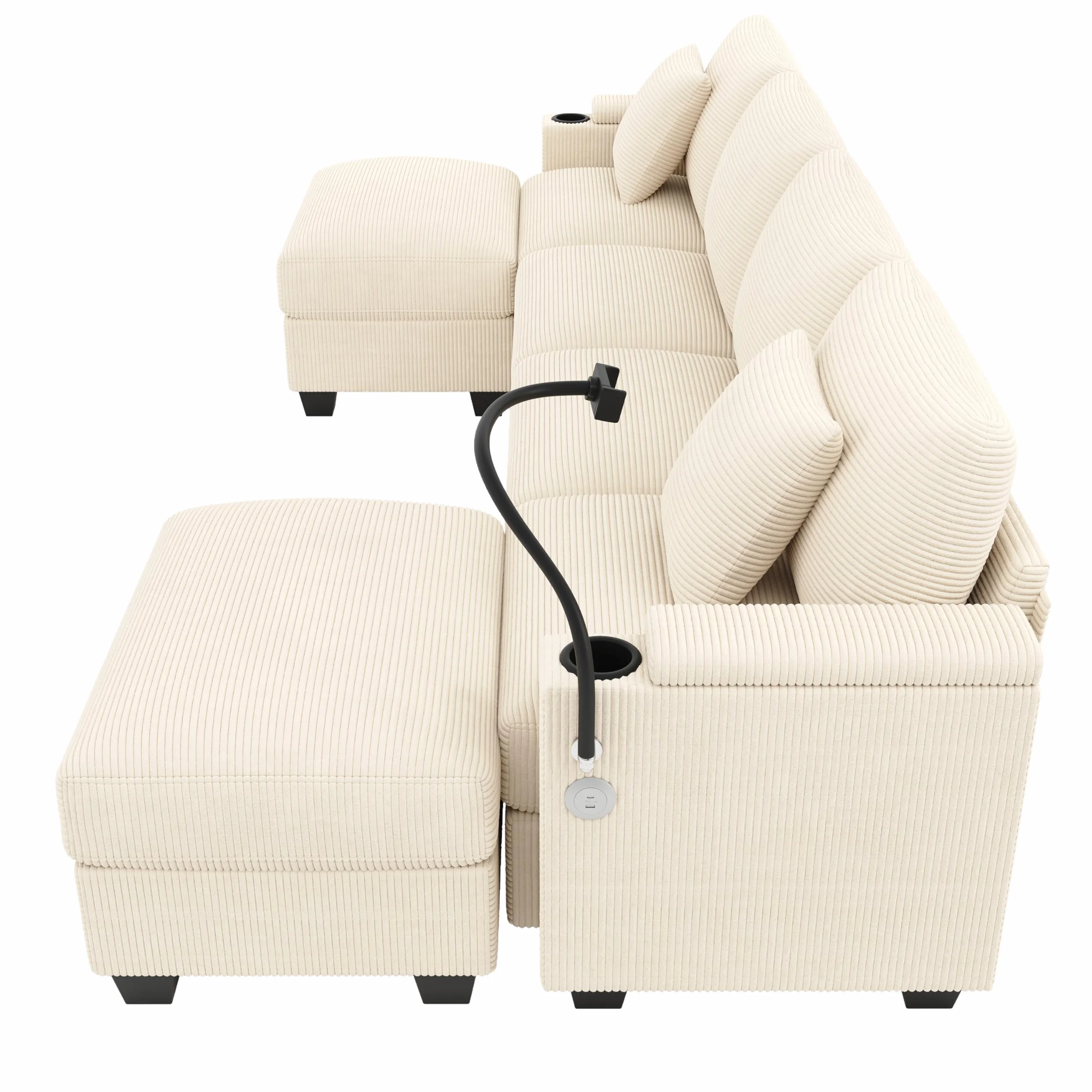 Zestaw wypoczynkowy w kształcie litery U z funkcją spania, modułowa sofa ze sztruksu, sofa narożna z uchwytem na telefon komórkowy, port ładowania USB, idealny do salonu, sypialni, beżowy