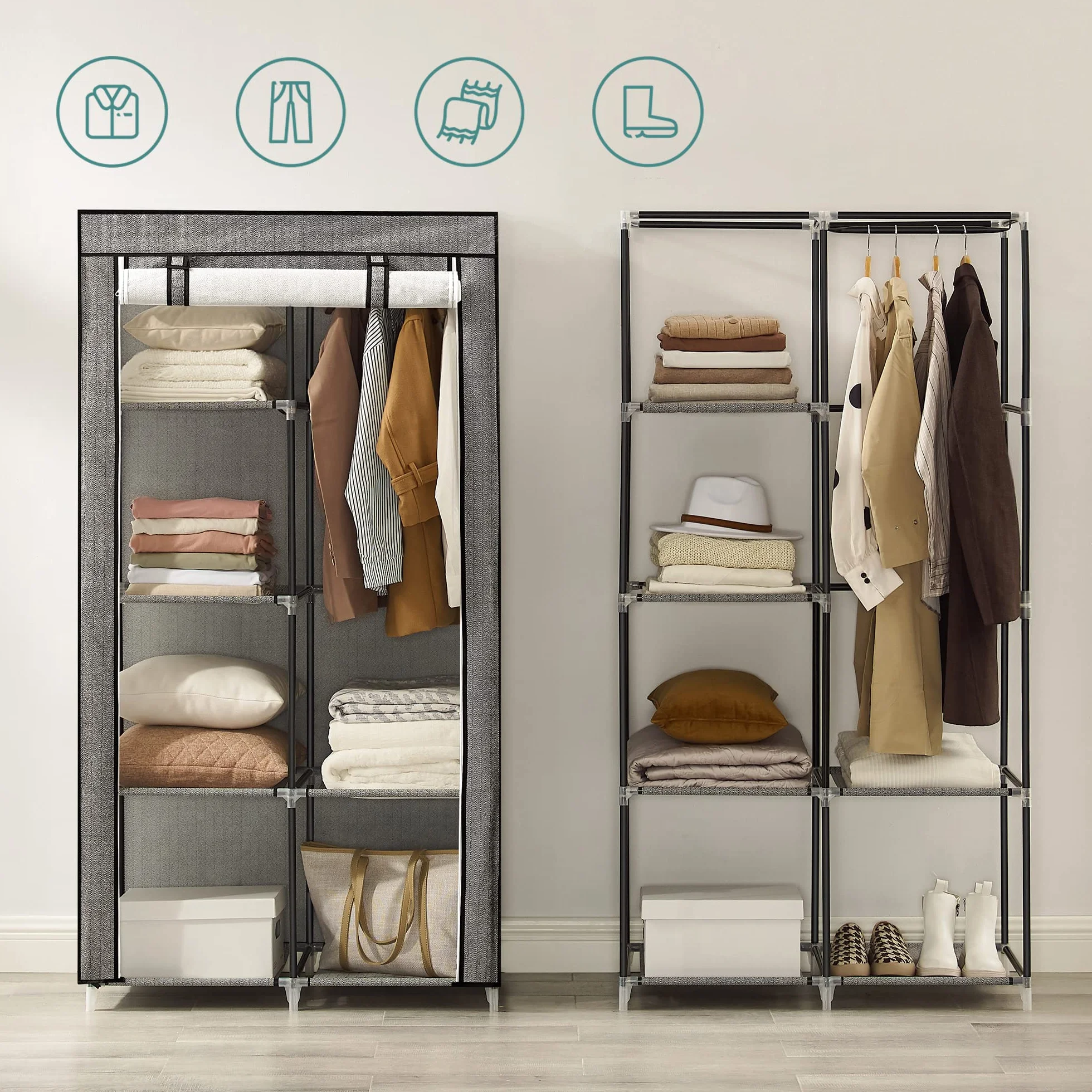 SONGMICS RYG084B22 Szafa na ubrania z 1 drążkiem i 6 wkładanymi półkami, włóknina, metalowa rama, 45 x 88 x 168 cm, do sypialni, korytarza, czarna z wzorem w jodełkę