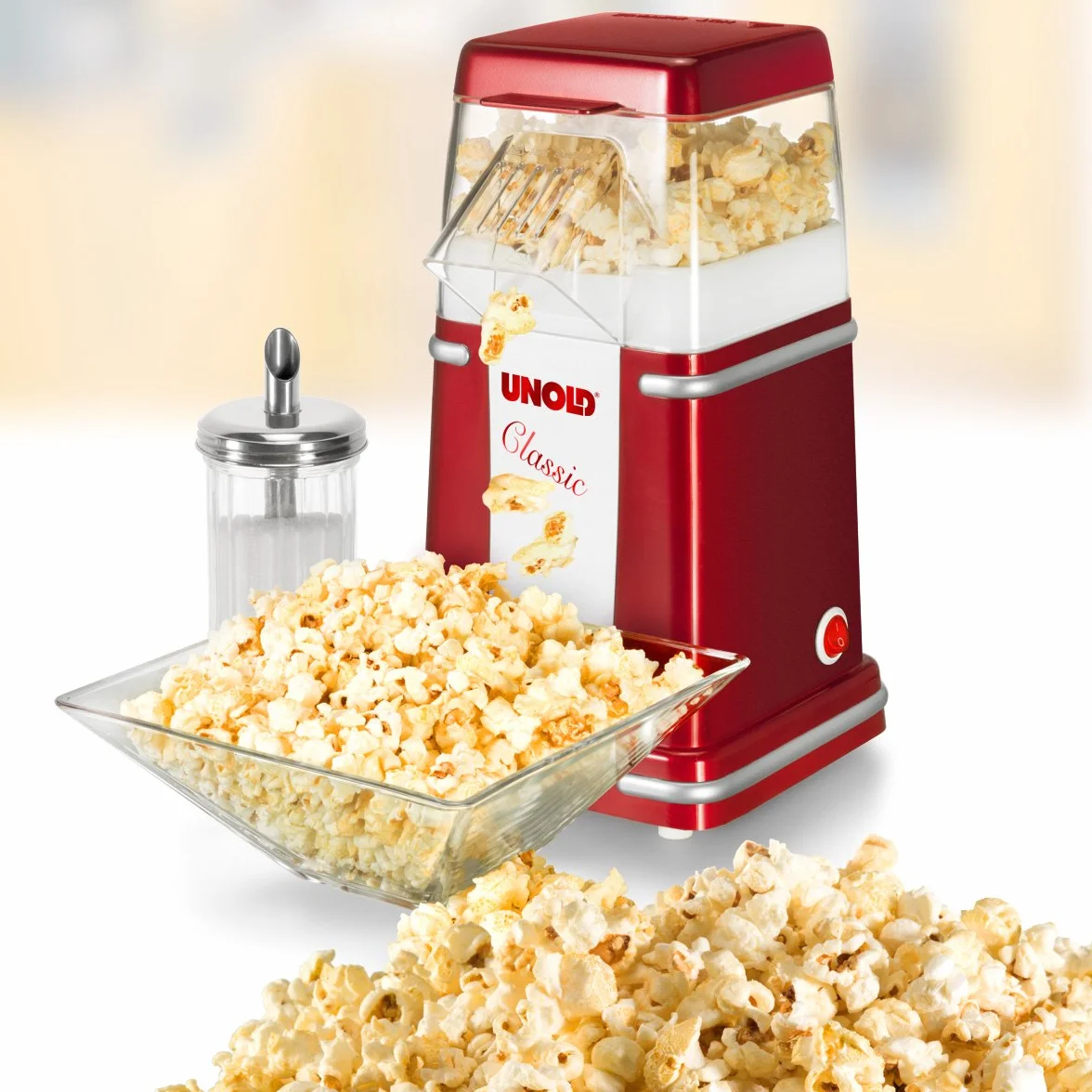 Unold 48525 Classic urządzenie do robienia popcornu – czerwony, biały, 900 W, 220 V, Movienight, bez tłuszczu i oleju, gorący popcorn, niskotłuszczowy, na imprezę