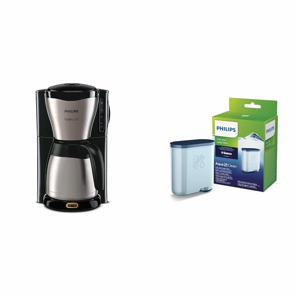 Philips Café Gaia Ekspres przelewowy do kawy,1,2 l Dzbanek termiczny utrzymuje temperaturę, Satynowy Beżowy (HD7546/20) & Philips AquaClean Antywapienny Filtr Wody do Ekspresów do Kawy (CA6903/10)