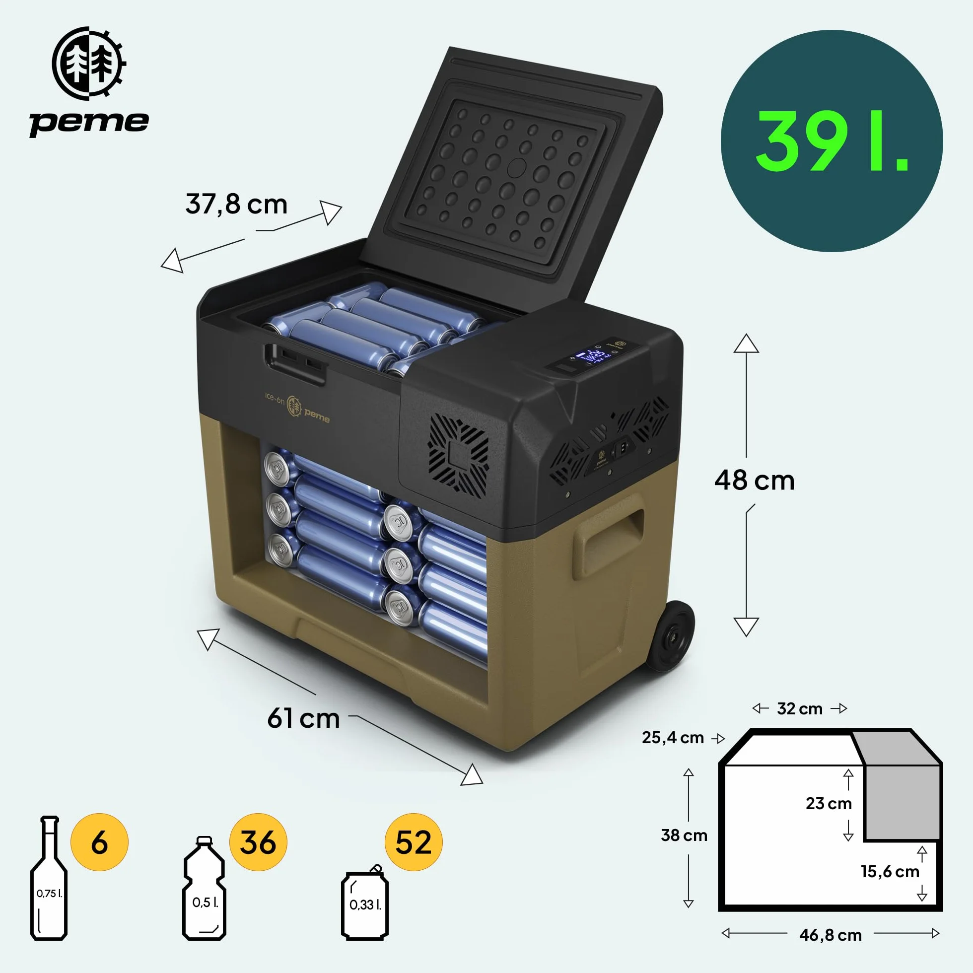 peme Expedition Elektryczna Lodówka Kompresorowa 27-39 L - Chłodziarka i Zamrażarka, Chłodzenie -20°C, Podwójne Zasilanie 12V/24V & 230V, Aplikacja Bluetooth, Tryb Eco, do Samochodu, Kempingu