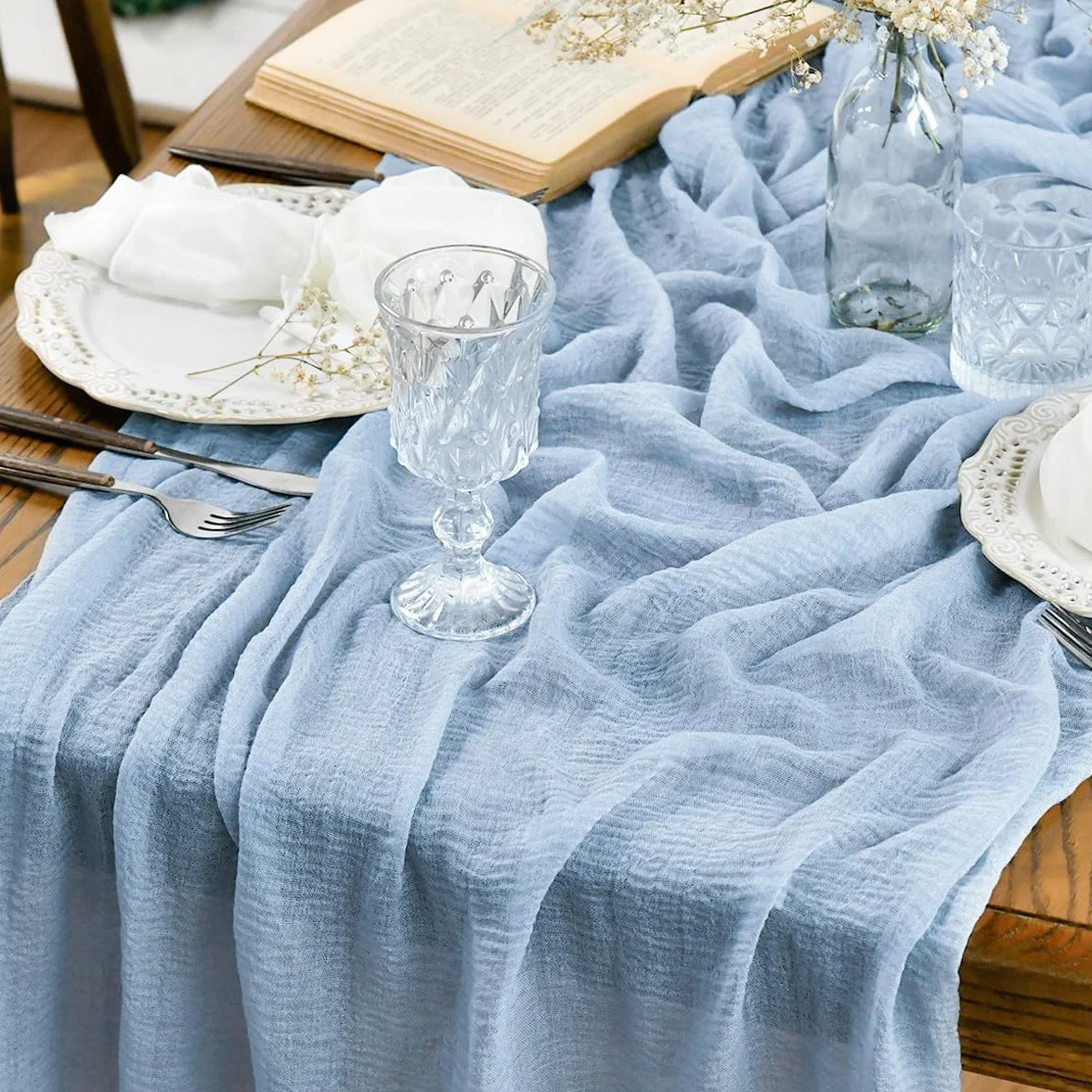 Artoid Mode Boho jasnoniebieski szyfonowy obrus na stół weselny 80 x 300 cm, zmywalny wystrój stołu na przyjęcie urodzinowe walentynki baby shower dekoracja