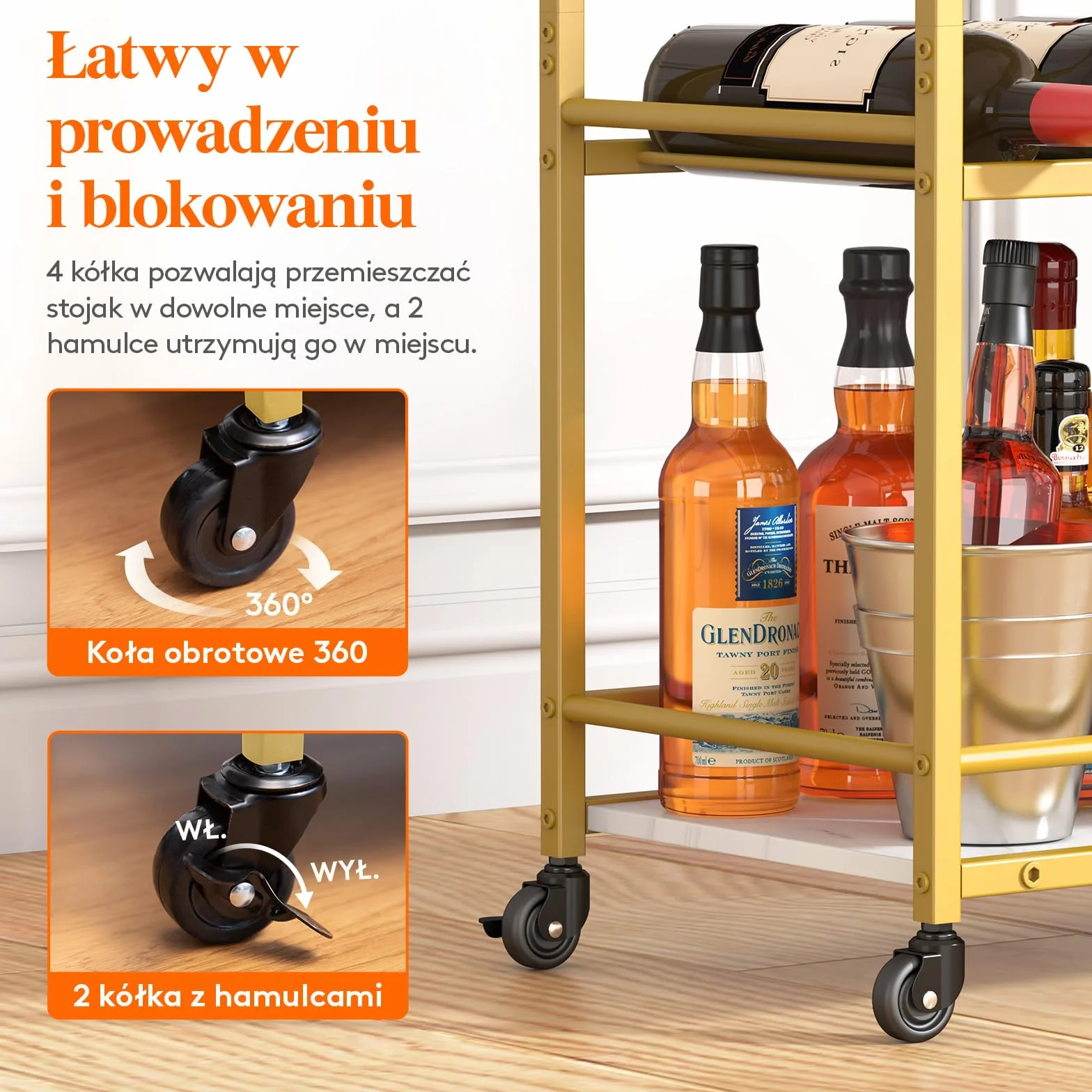 Wózek na napoje Lifewit, 3-poziomowy wózek barowy z blokowanymi kółkami, stojakiem na wino i uchwytami na kieliszki, domowe wózki barowe i serwujące do kuchni, jadalni, 63,2x30x81,5 cm, złoto