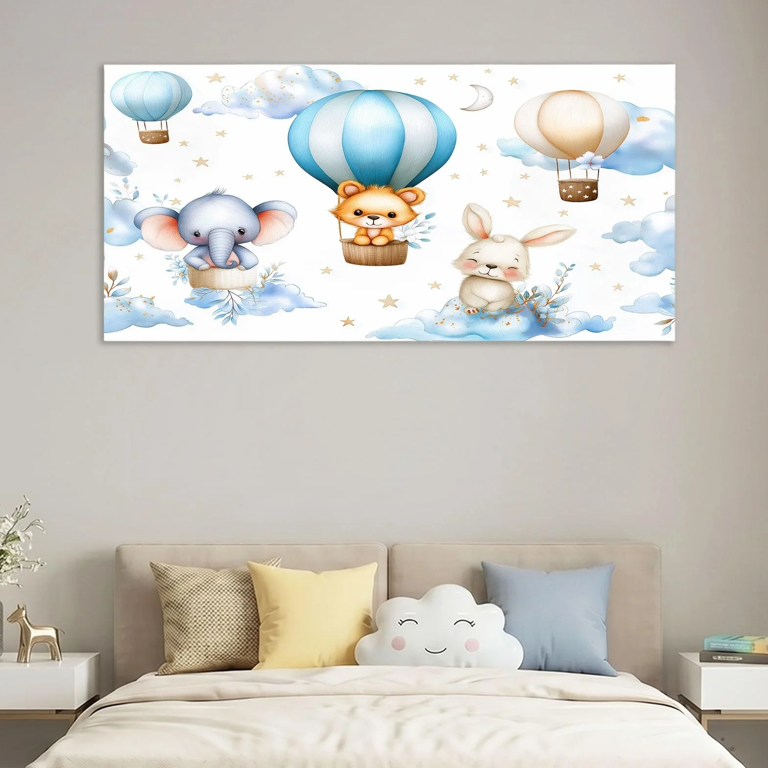 Obrazy na płótnie, z kreskówki, obrazy ścienne do salonu, 90 x 60 cm, druk artystyczny, obrazy na płótnie, białe balony na gorące powietrze, zając, gwiazda, chmura, dekoracja ścienna do korytarza