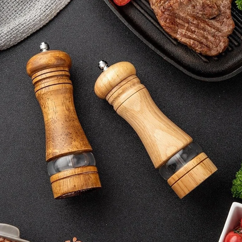 Zestaw młynka do soli i pieprzu, Dębowa ręczna butelka na przyprawy Czarna, odpowiednia do kuchni domowej, restauracyjnej, zbierania pieprzu świeżym powietrzu lub młynka soli