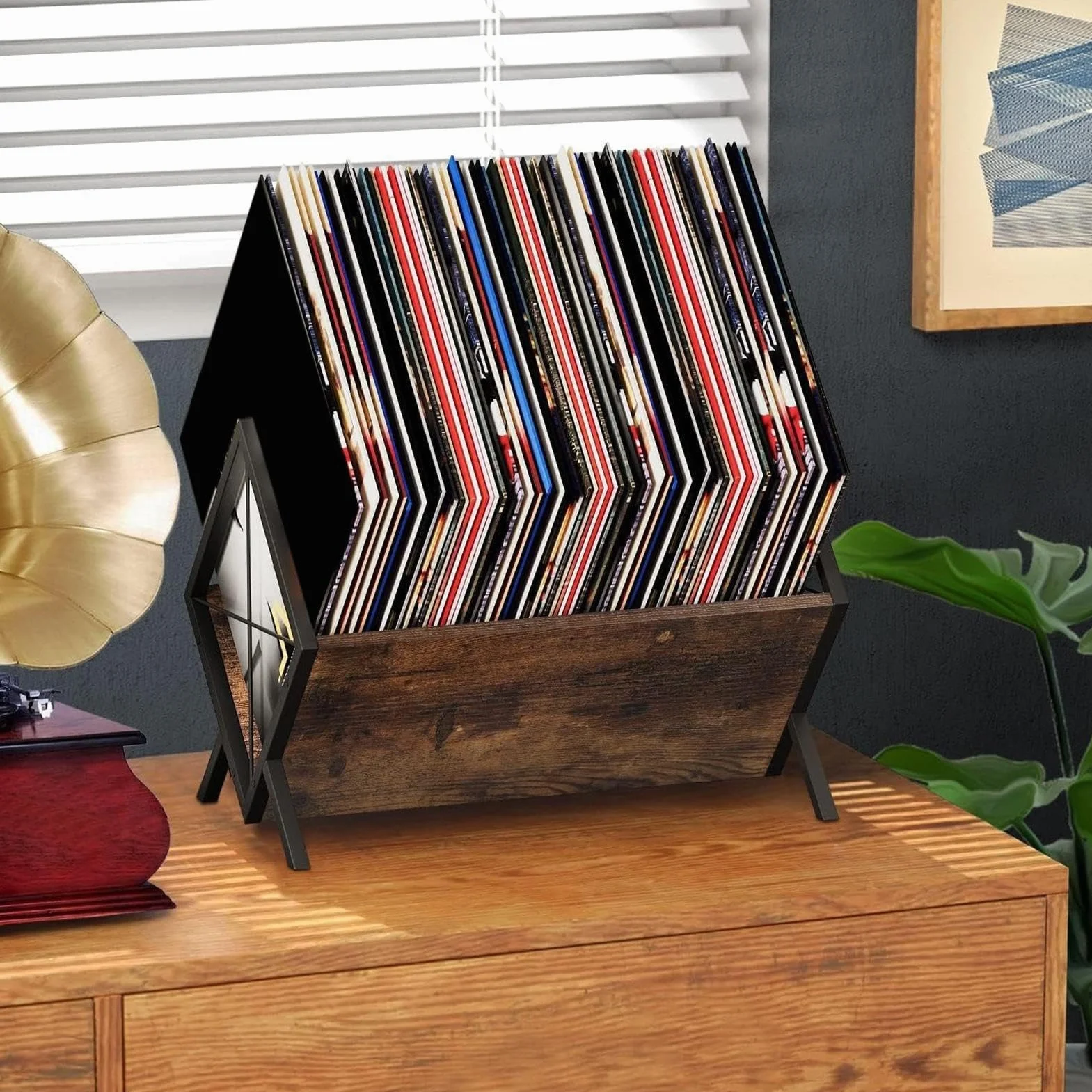 Półka Organizer Na Albumy 1-poziomowy, regulowany, vintage brąz, na 80 LP | Półka Regału Na Albumy Winylowe Do Książek I Dokumentów Sypialni Biura Biblioteki I Akademika
