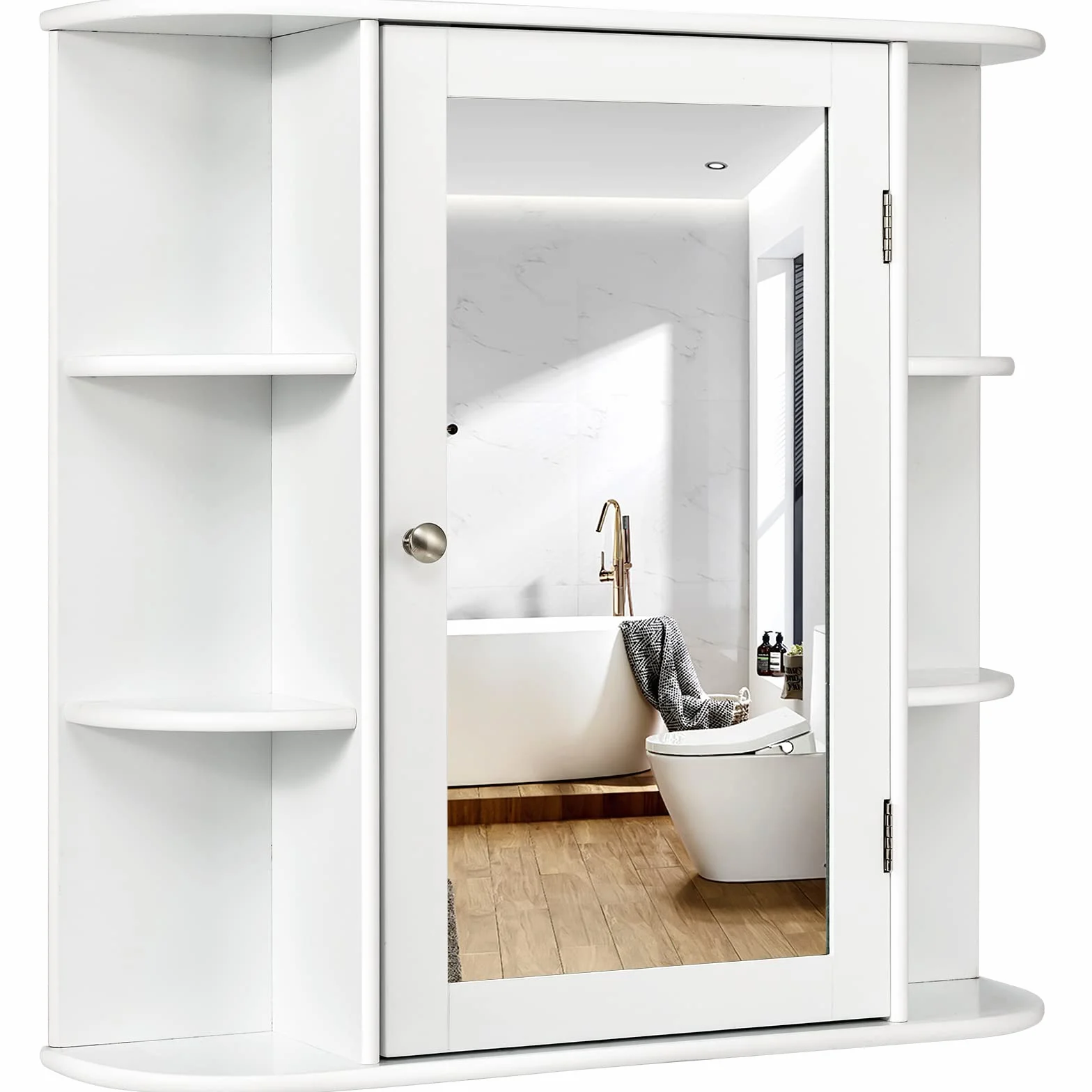 COSTWAY Wisząca Szafka Łazienkowa z Lustrem, 4 Zamykane Półki i 6 Otwartych, Drewniana, 66 x 17 x 63 cm, Biała – Duża Przestrzeń i Nowoczesny Design