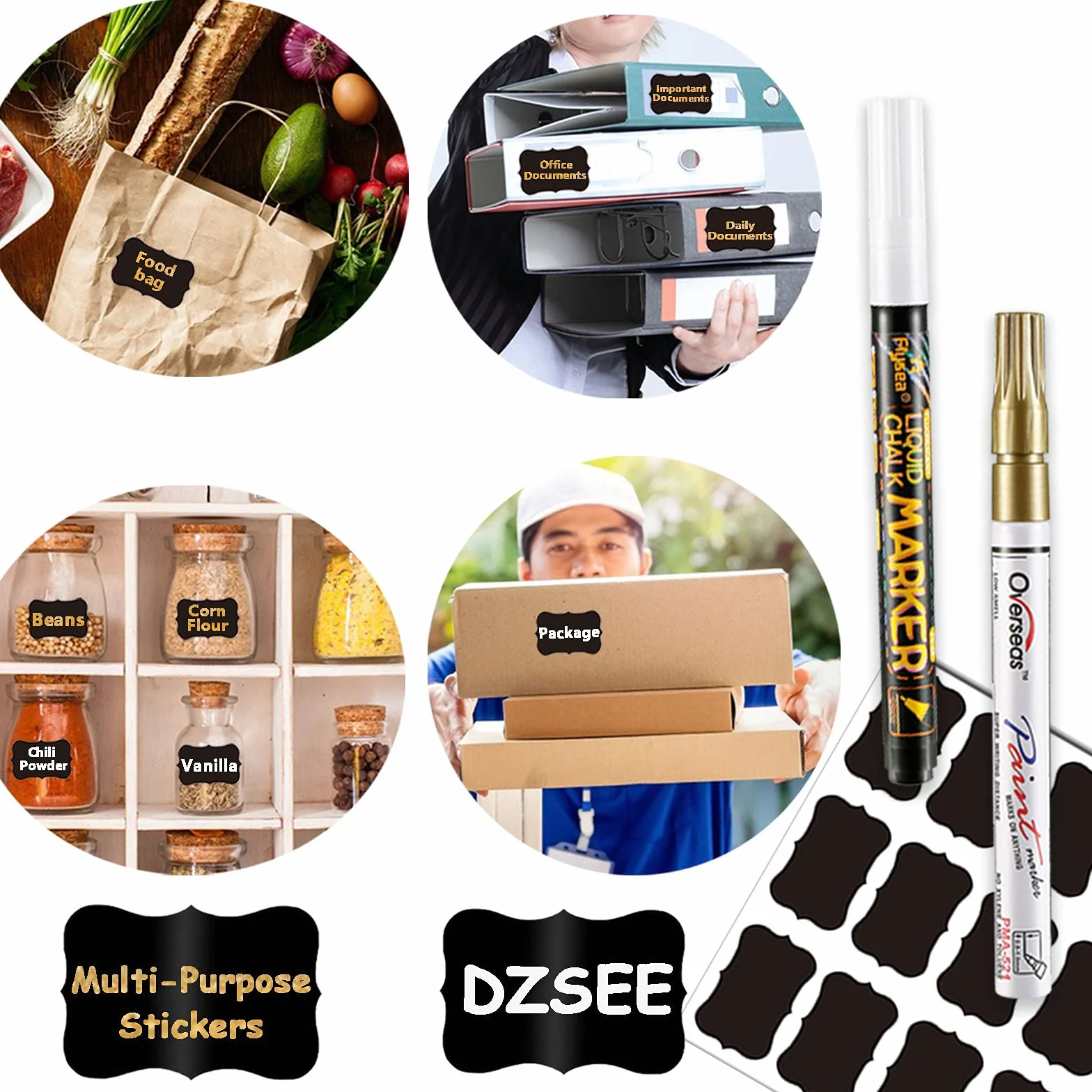 Naklejki Na Tablicę Kredową, DZSEE® Wodoodporne Etykiety Samoprzylepne, Czarne Naklejki do Etykietowania, Etykiety do Kuchni, Słoików I Butelek | Kwiatowy| 72+2 pióra