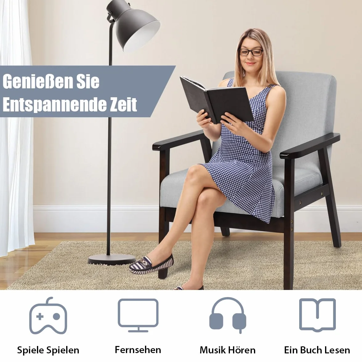 COSTWAY Nowoczesny fotel wypoczynkowy, tapicerowane krzesło do jadalni z nogami z drewna kauczukowego, fotel wypoczynkowy z oparciem i podłokietnikami, krzesło rekreacyjne do jadalni, salonu, biura,