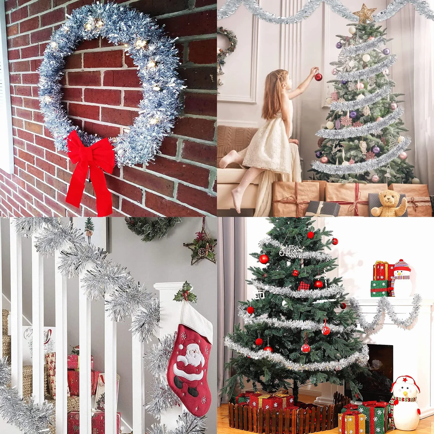 Girlanda z lametami bożonarodzeniowymi, 6 x 2 m, błyszcząca, srebrna, dekoracja choinkowa, świąteczna
