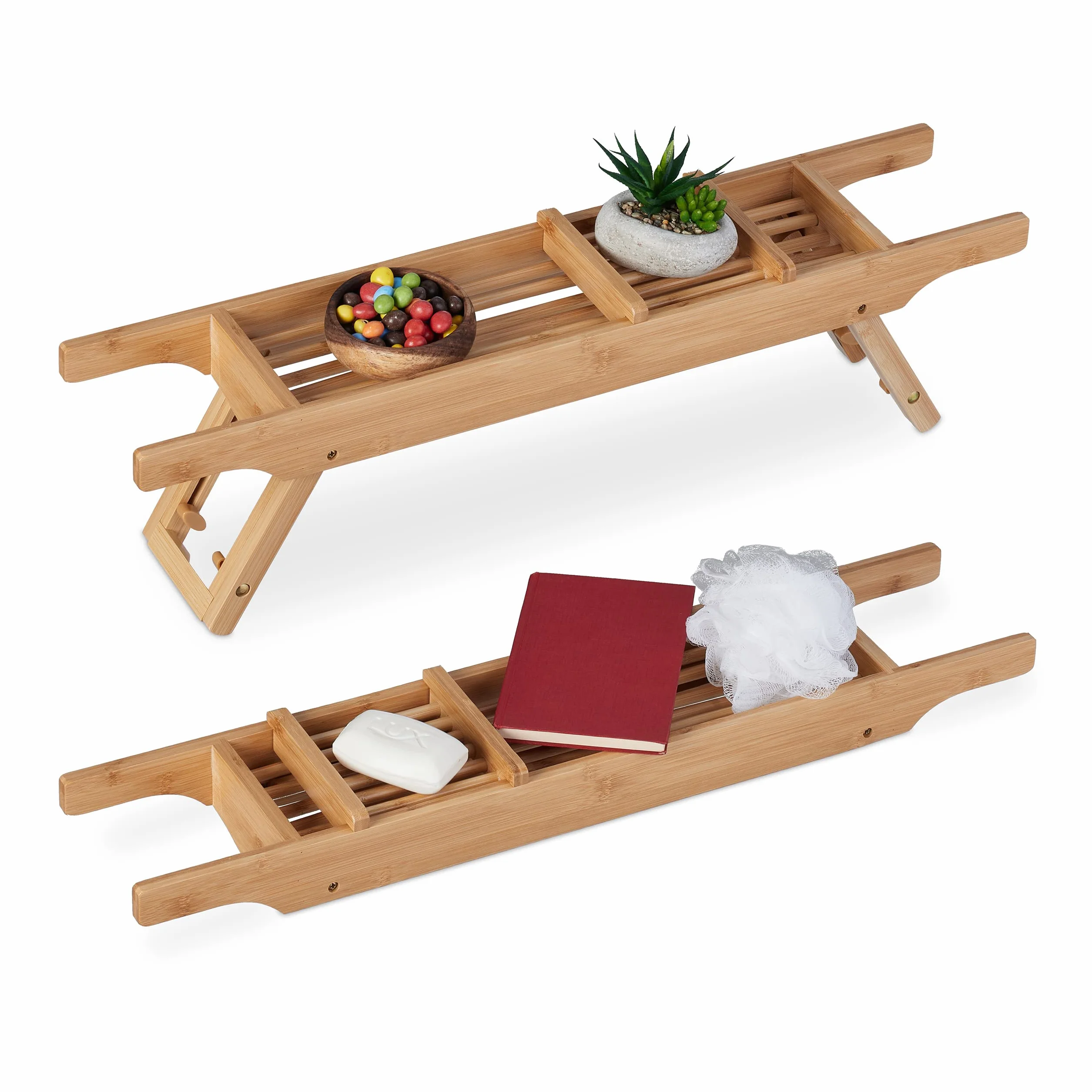 Relaxdays Bambusowa półka na wannę 69 cm rozkładane nóżki naturalna