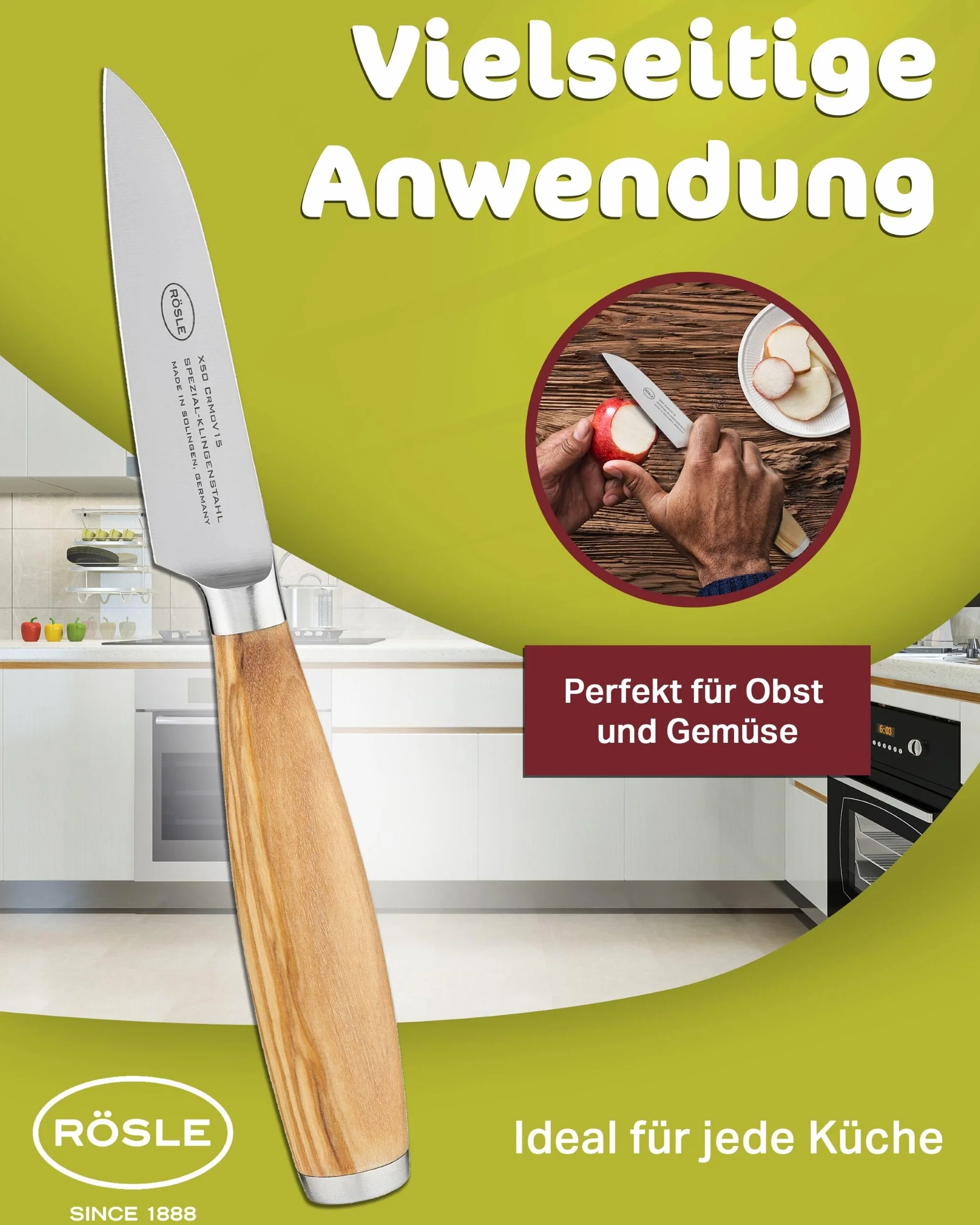 Rösle Nóż do warzyw Artesano 9 cm – wysokiej jakości nóż kuchenny do krojenia owoców i warzyw, ostry nóż do krojenia z ergonomicznym uchwytem z drewna oliwkowego