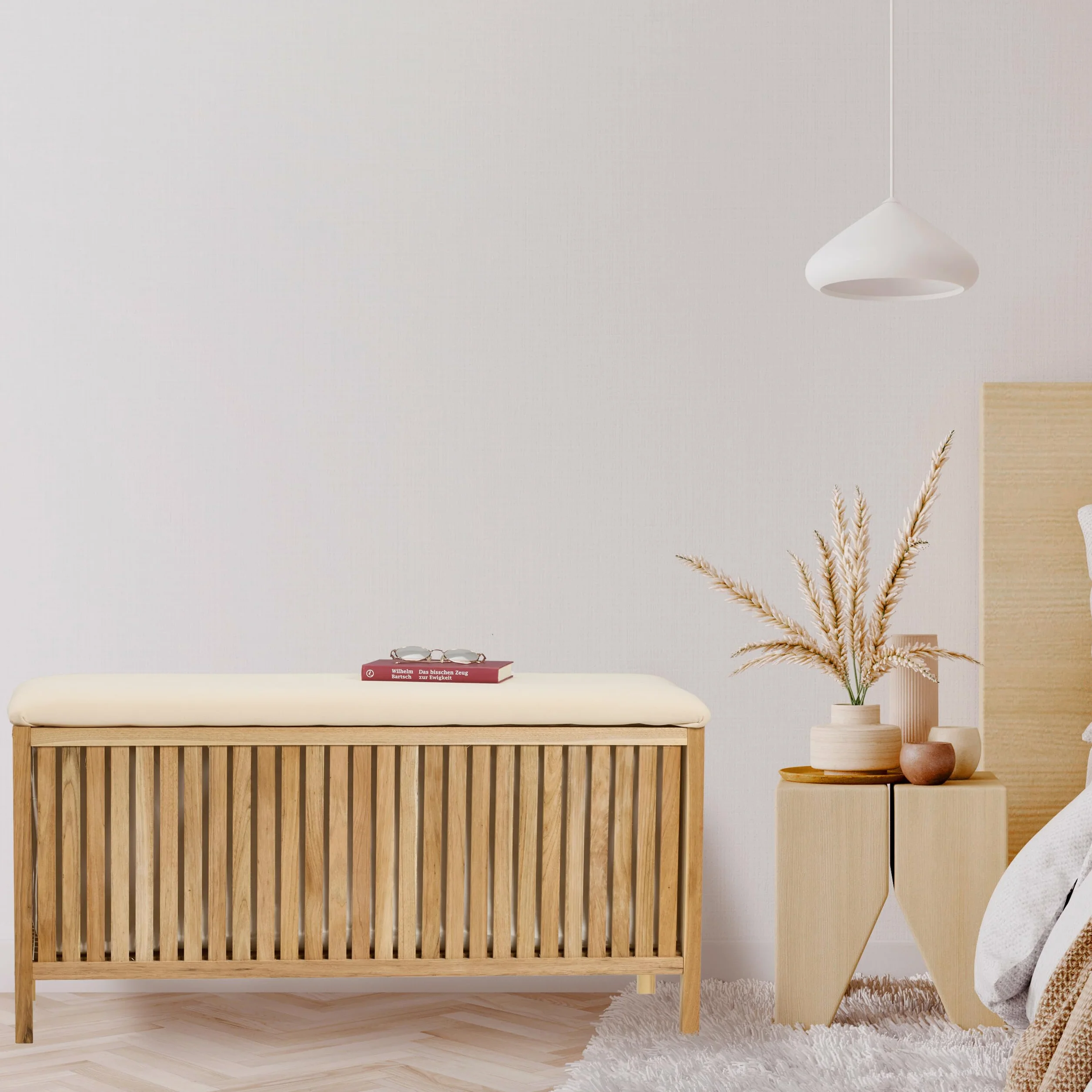 Relaxdays Skrzynia na pranie z siedziskiem, taboret łazienkowy z miejscem do przechowywania, 100 l kosz na pranie, wys. x gł.: 50 x 100 x 38 cm, drewno/tkanina, naturalna/biała
