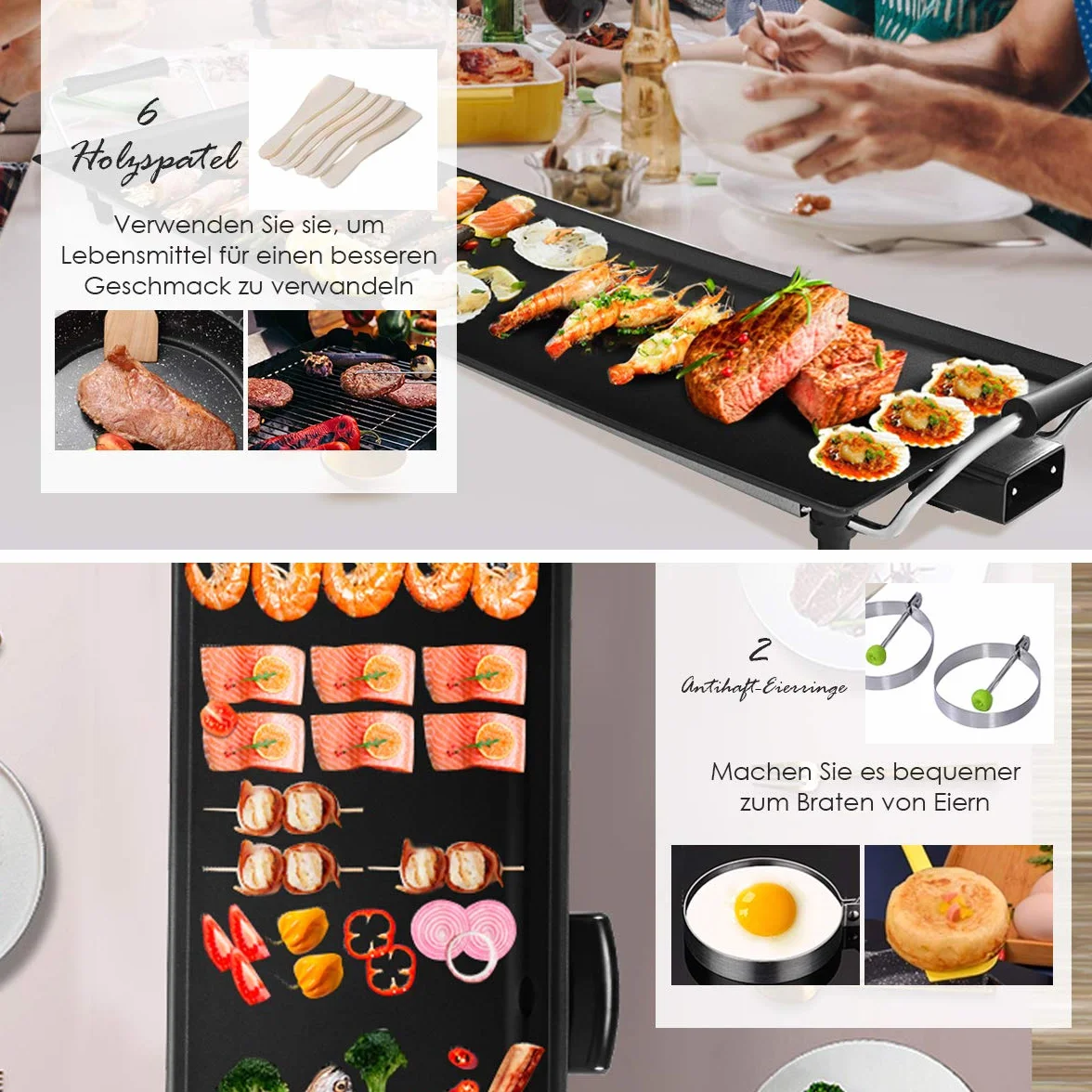 COSTWAY Teppanyaki Grill Elektryczny 90 x 23 cm, Płyta Grillowa 1800 W z Powłoką Zapobiegającą Przywieraniu, 6 Drewnianych Szpatułek i Nieprzywierający Pierścień do Jajek