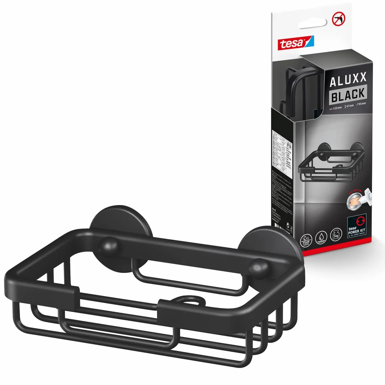 tesa Aluxx Black Mydelniczka Ścienna, Czarny Mat, do Łazienek, w Stylu Industrialnym, Montaż na Masę Klejącą, 135 mm x 46 mm x 95 mm
