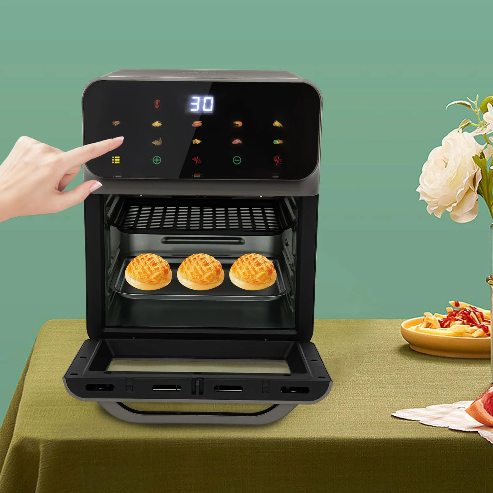 Mini piekarnik 13 l, piec do pizzy z termoobiegiem 3 w 1, piekarnik elektryczny do pieczenia i grillowania, z 2 blachami do pieczenia i 50 pojemnikami na ciasto, grzałka górna/dolna,
