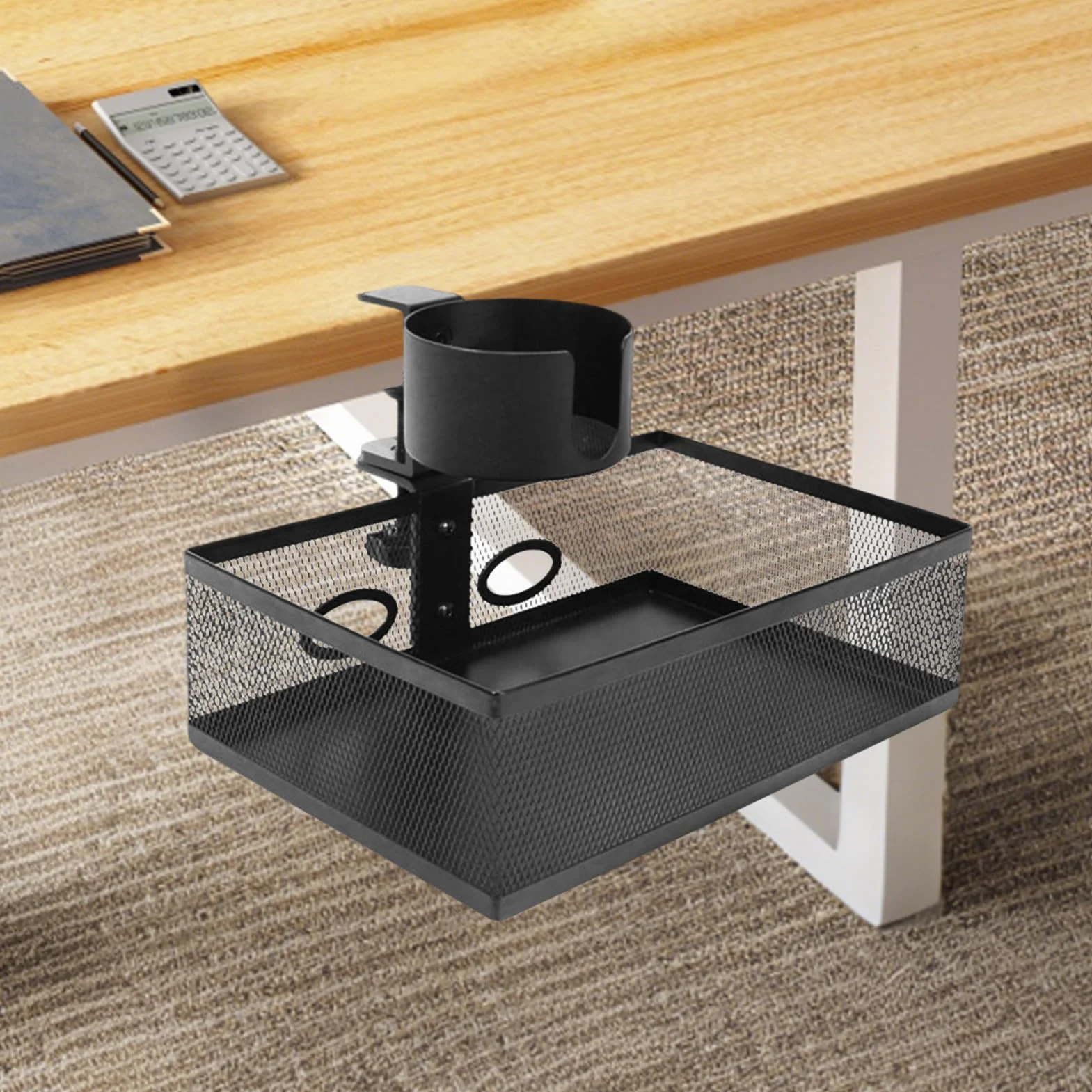 Obrotowy o 360° organizer pod biurko z ukrytą szufladą i zarządzaniem kablami, kompaktowy, 25 x 17 x 7 cm, do kuchni, sypialni, garażu i klasy, wszechstronne rozwiązanie do przechowywania na biurku