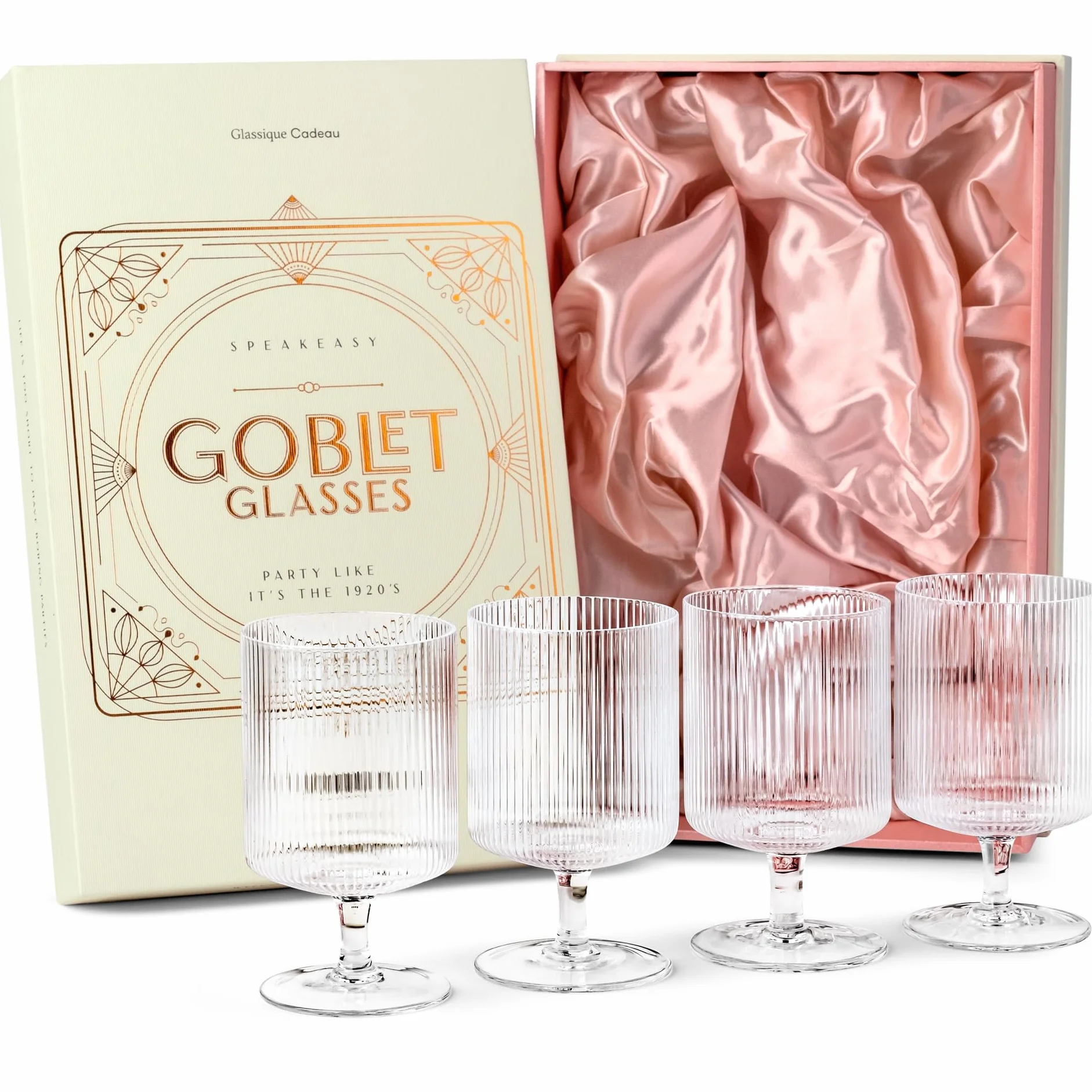 GLASSIQUE CADEAU Kieliszki koktajlowe w stylu vintage Art Deco z trzonkiem, zestaw 4 sztuk, 300 ml, krótkie, kryształowe, do picia klasycznego ginu, whisky, wódki, napojów