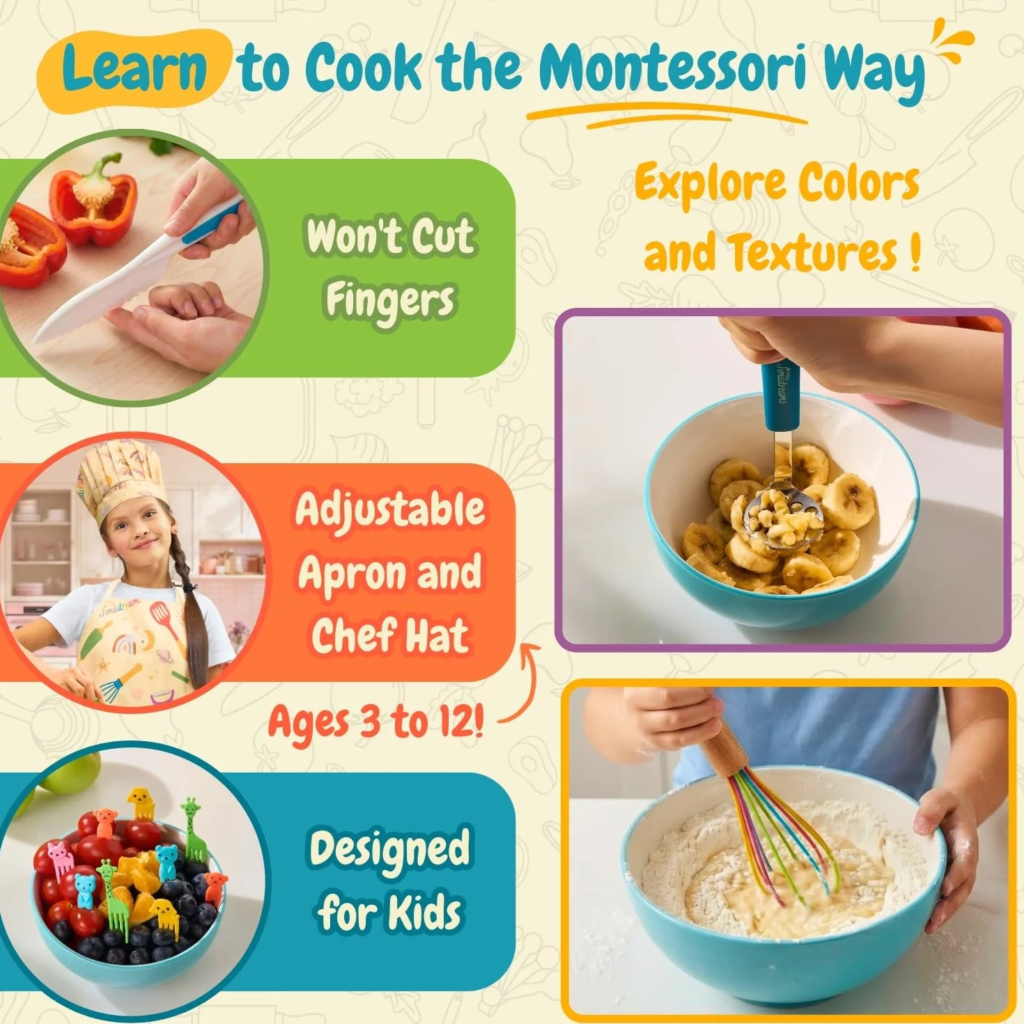 Montessori Nóż dla dzieci & Zestaw do pieczenia - 26 elementów Prawdziwe przybory kuchenne i Zestaw do krojenia - Bezpieczny Zestaw noży i Fartuch - Prezent dla Małego kucharza 3-12 lat