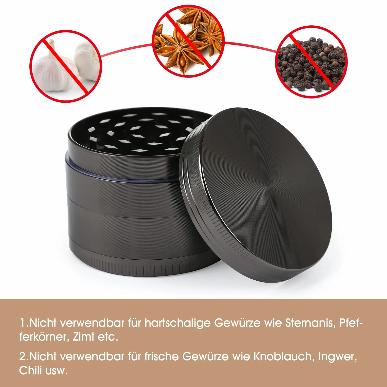 Bäcker & Lecker Pollen Grinder Crusher młynek do ziół do suszonych ziół, przypraw, ziół, ze stopu cynku, 4-częściowy zestaw ze skrobakiem do pyłków, nikiel czarny