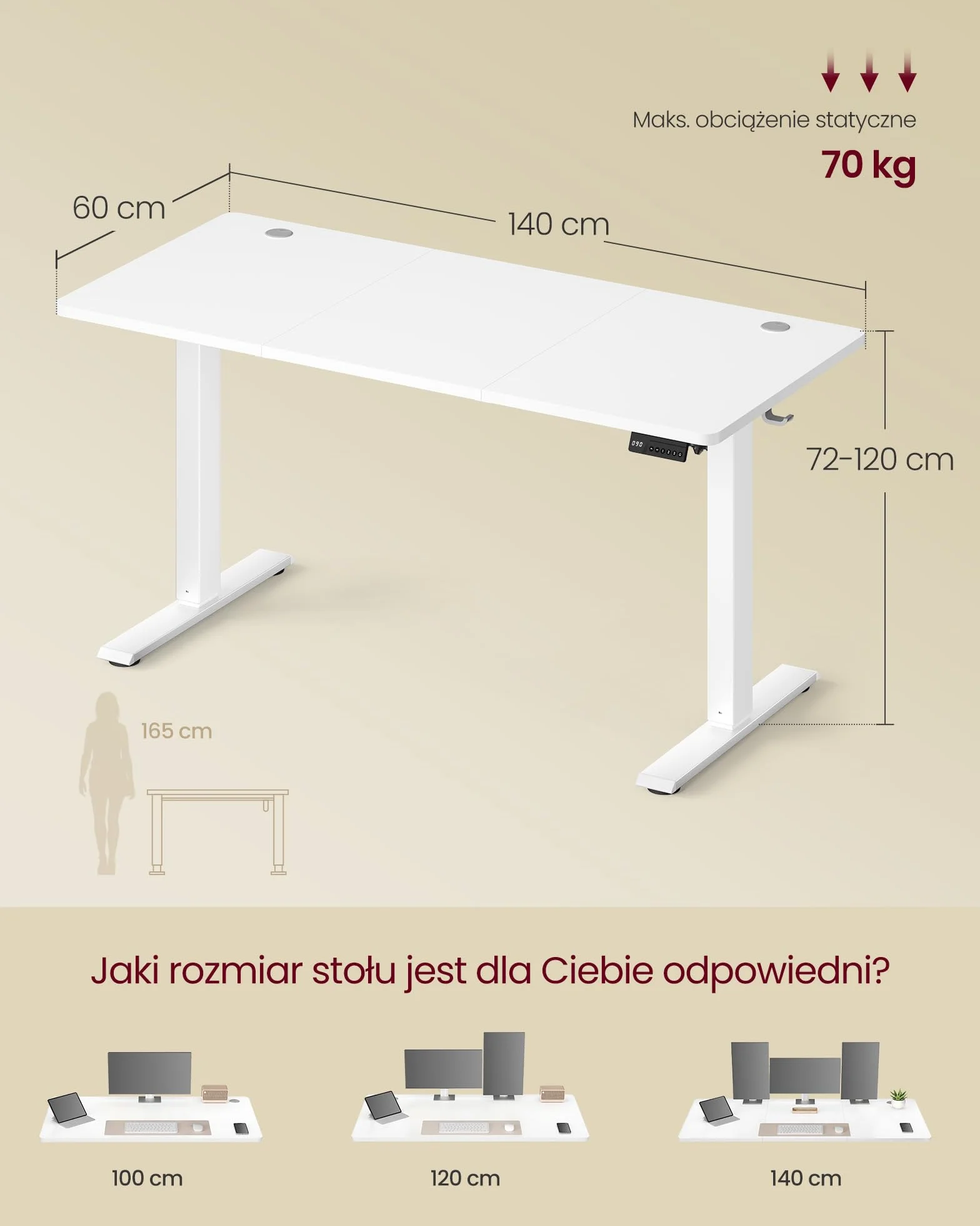 VASAGLE LSD314WZ03 biurko z regulacją wysokości, funkcja pamięci o 4 wysokościach, do biura, 140 x 60 cm, chmurkowa biel