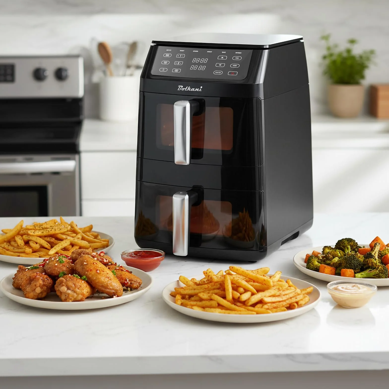 Frytkownica na gorące powietrze, 11 l, z 2 komorami i okienkiem, podwójna komora Airfryer z podwójną funkcją, automatyczne programy 6 w 1, ekran dotykowy, nieprzywierające i nadające się do