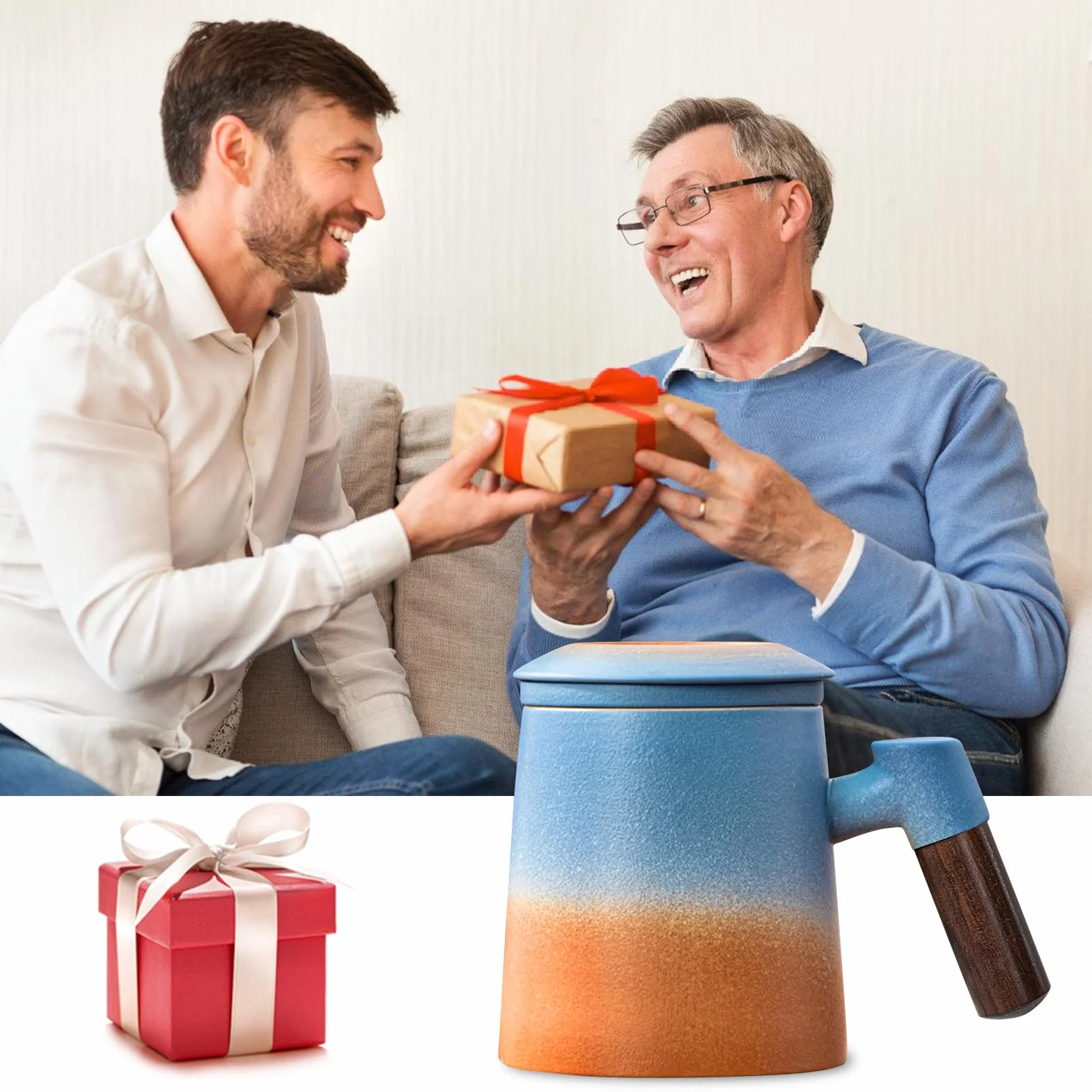 SUNOYA Filiżanka do herbaty z pokrywką i sitkiem, 400 ml, drewniany uchwyt, kubek do herbaty, matowa ceramiczna filiżanka