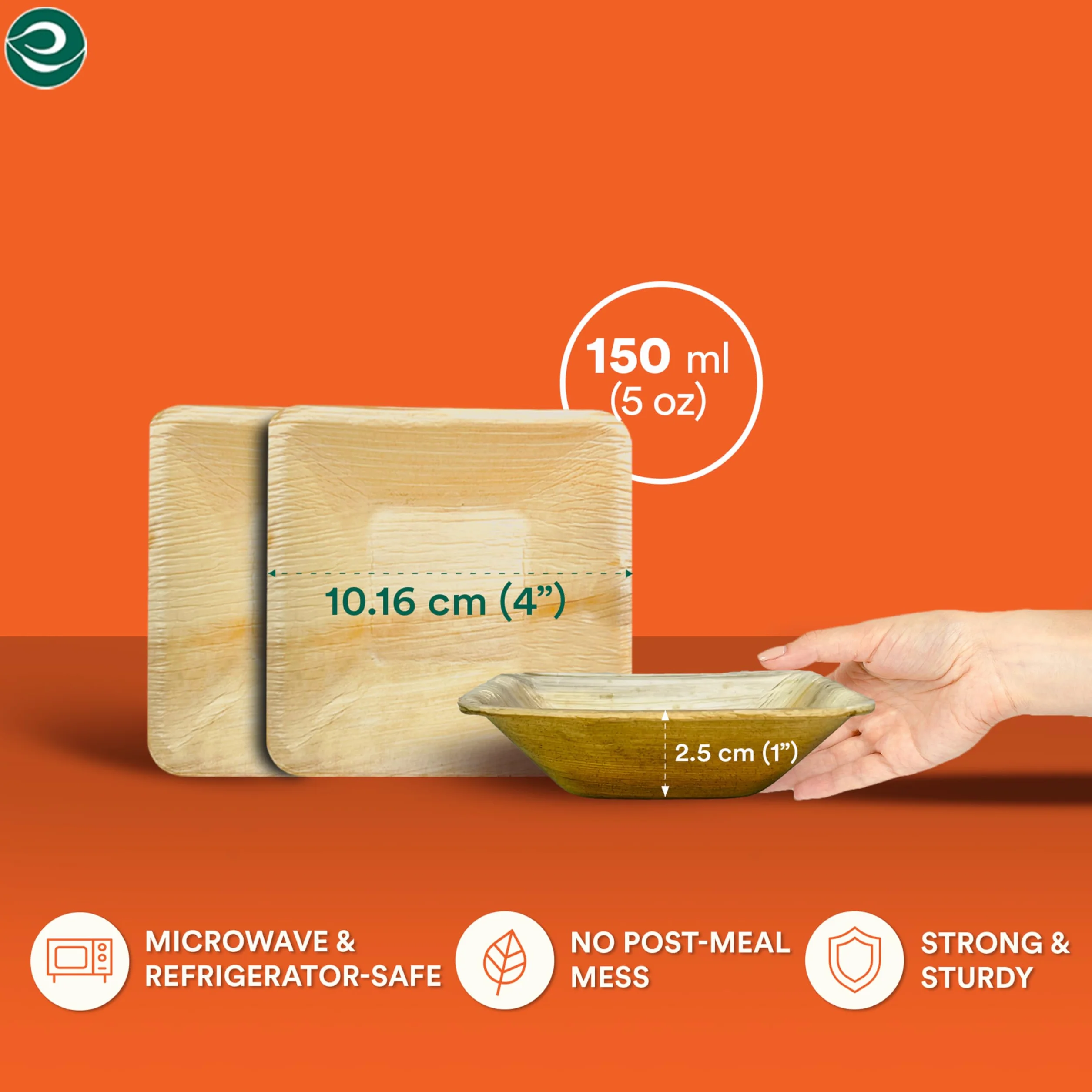 ECO SOUL W 100% kompostowalne małe 10 cm 140 ml kwadratowe miski z liści palmowych [50 sztuk] jednorazowe miski deserowe w stylu bambusowym I wytrzymała, ekologiczna, solidna miska, biodegradowalne
