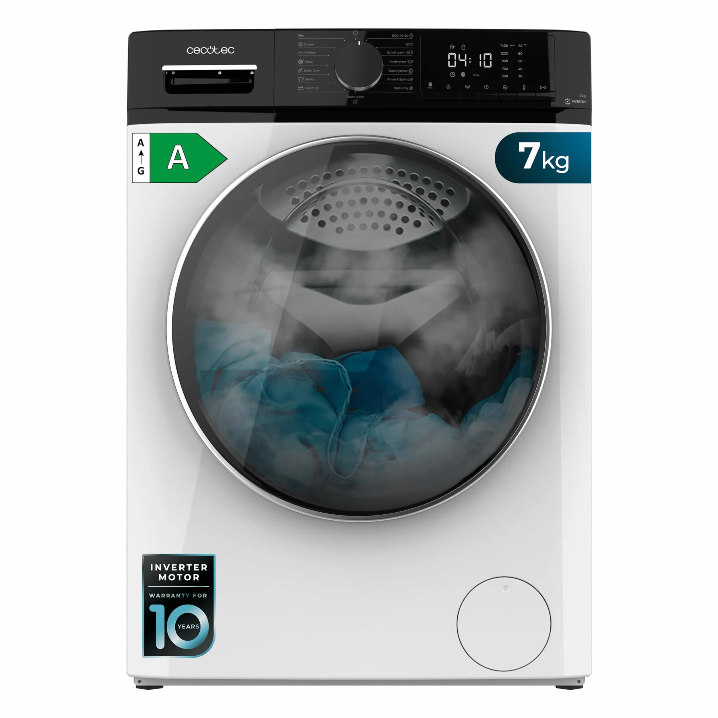 Cecotec Pralka ładowana od przodu 7 kg Bolero Dresscode 7610 Inverter A. Ładowanie przednie białe 7 kg pojemności, 1400 obr./min, klasa A, funkcja parowa, silnik inwerterowy Plus, 15 programów