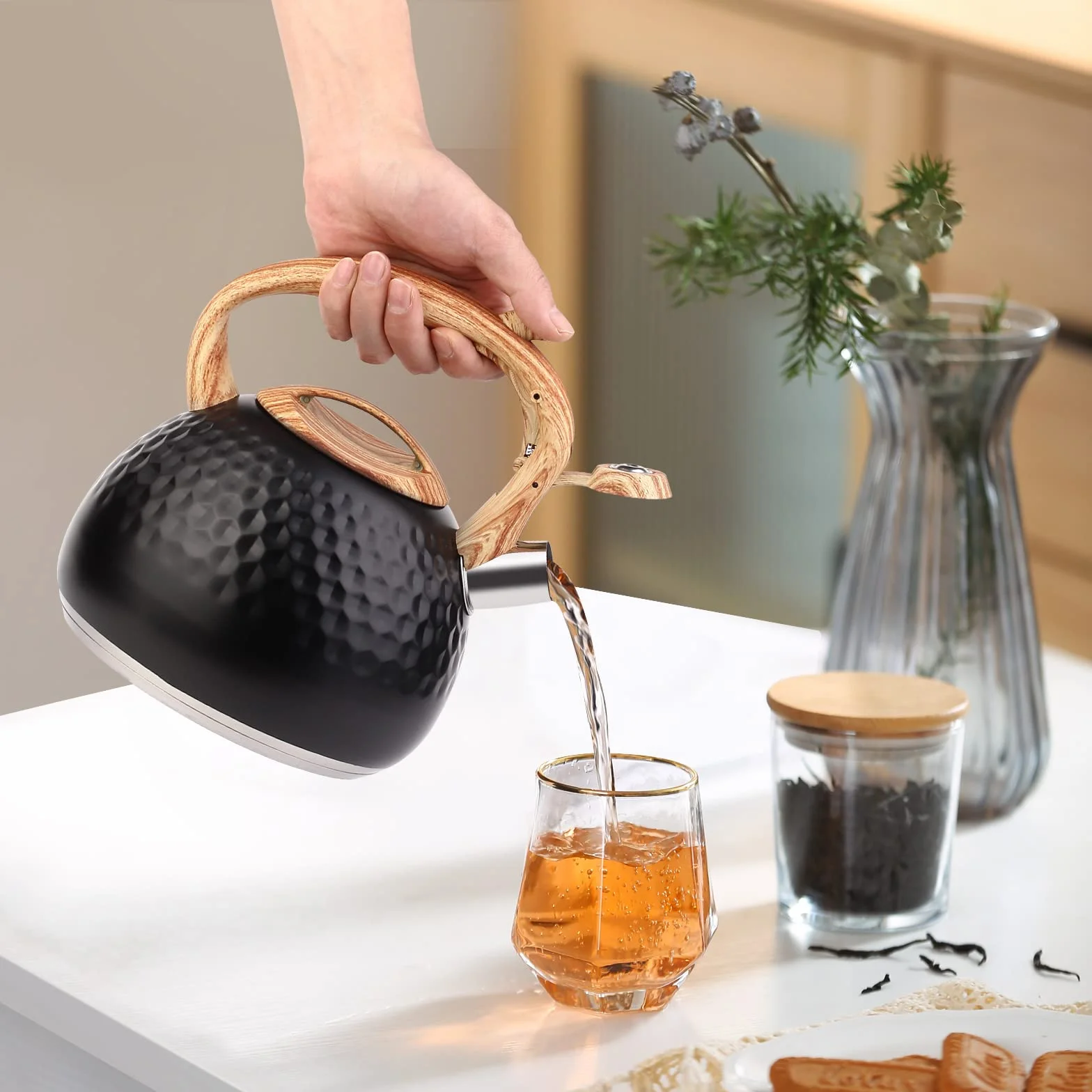 Nowoczesny czajnik indukcyjny, 3 l, ze stali nierdzewnej, czajnik do wszystkich płyt grzewczych, czajnik z gwizdkiem w kolorze drewna, czajnik do herbaty, kawy, Czarny