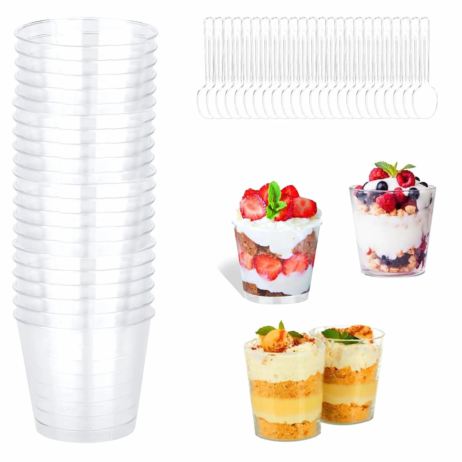25 sztuk kubków deserowych z 25 łyżeczkami, 6.7 OZ / 200ML kieliszki, szklanki deserowe wielokrotnego użytku do lodów, jedzenia, deserów, imprez, pikników