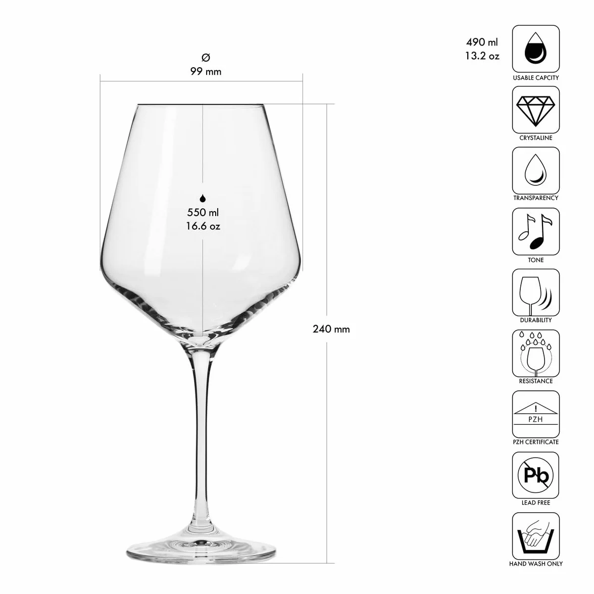 KROSNO Kieliszki do wina czerwonego | Zestaw 6 sztuk | 490 ML | Kolekcja Avant-Garde | Kryształ bezołowiowy | Do domu, restauracji & przyjęć | Można myć w zmywarce