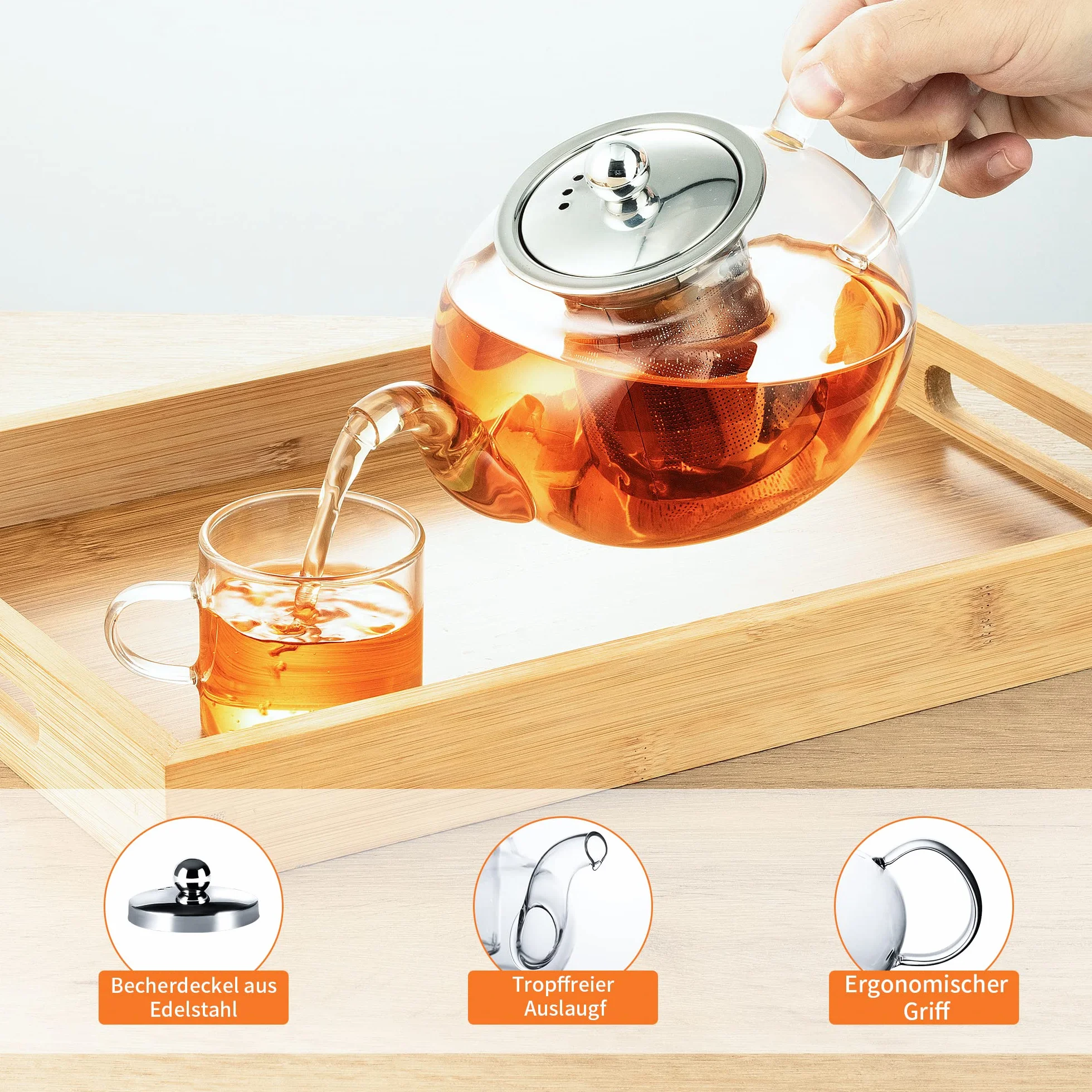 ADEL DREAM Szklany Dzbanek do Herbaty z Zaparzaczem, Czajnik z Sejfem, Kwitnące i Luźne Liście, Zestaw do Przygotowywania (1200 ml + Podgrzewacz)