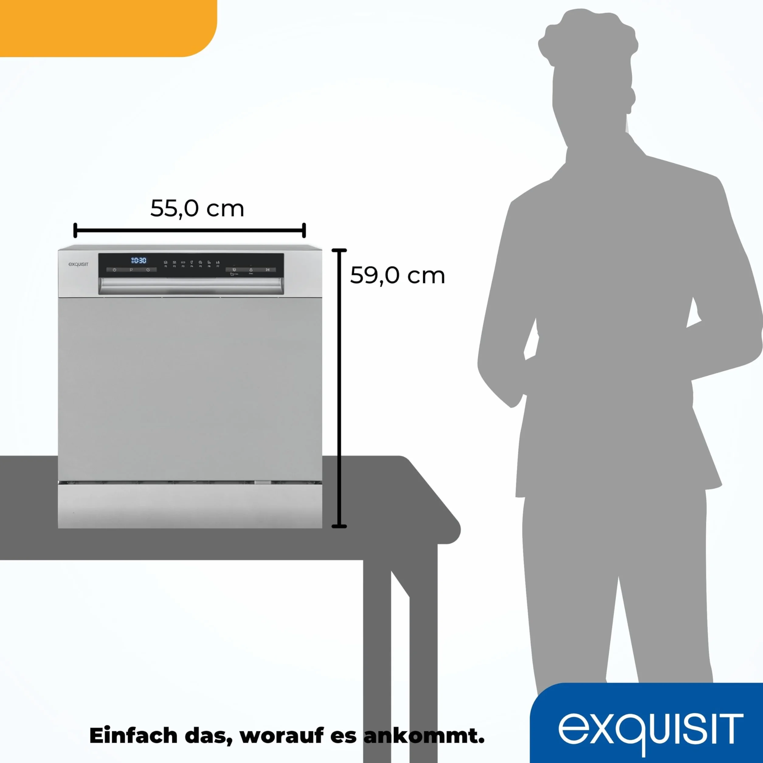 Exquisit Zmywarka stołowa GSP508-030D srebrna | zmywarka 55 cm wolnostojąca | mała zmywarka do naczyń 8 rozmiarów | zmywarka stołowa wyświetlacz LED