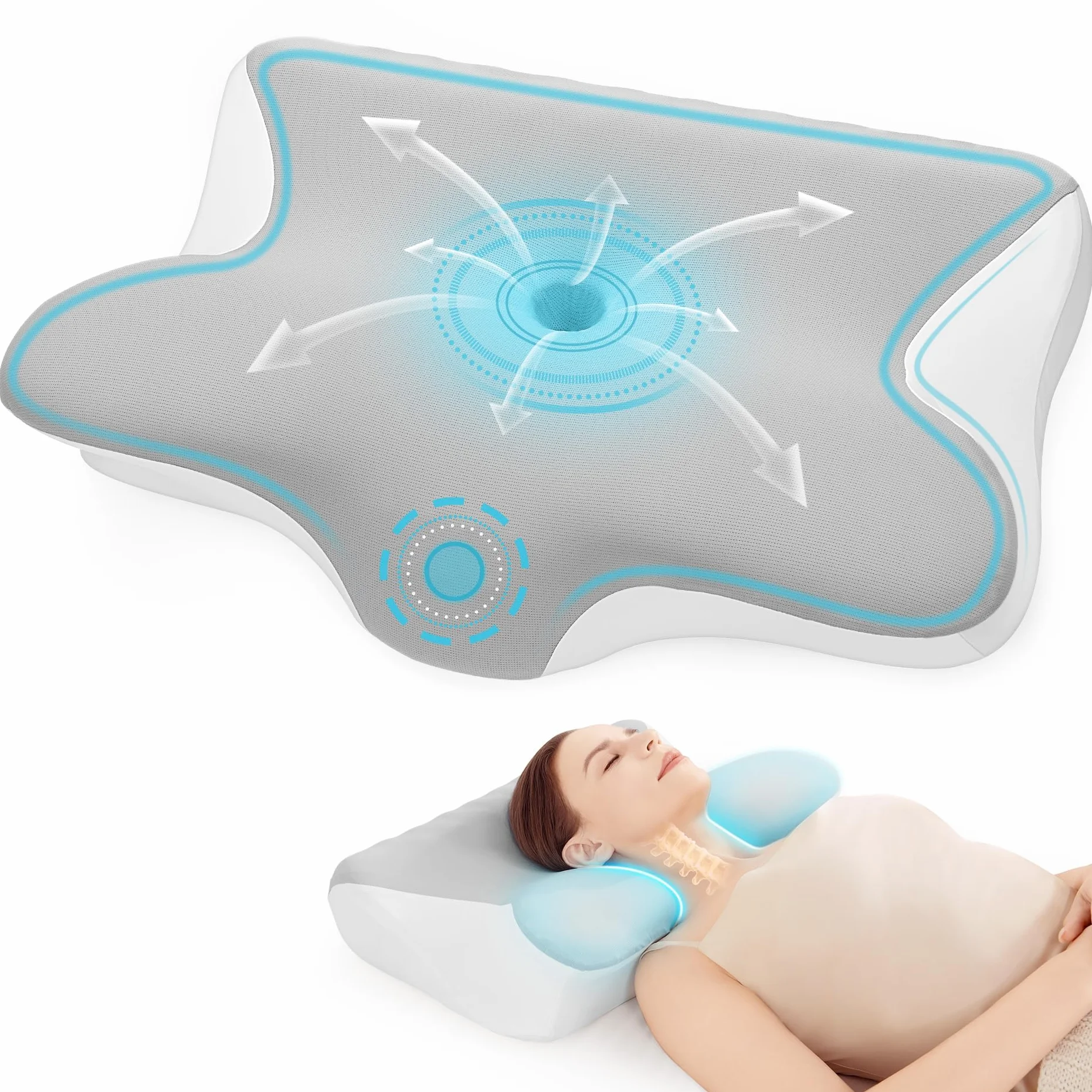 Poduszka Pod Kark Ergonomiczna - 2 w 1 Ortopedyczna Poduszka z Pianki Pamięciowej Szyjnej z Regulacją Wysokości, Poduszka Podpierająca Kark dla śpiących na Boku/Plecach/Brzuchu z Poszewką