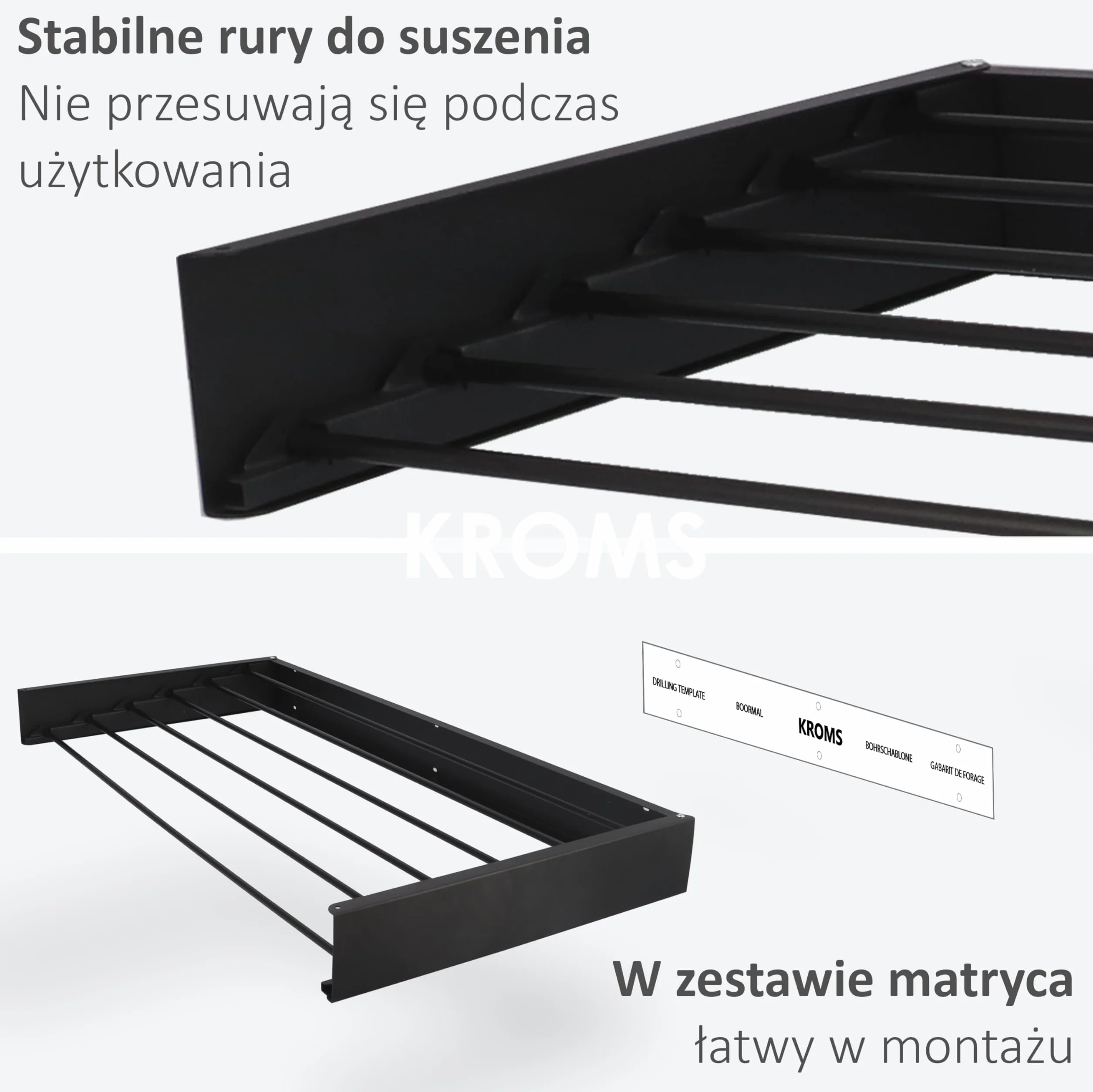 Suszarka ścienna składana Full Color czarna 100 cm aluminiowa – 6 m długości suszenia – Zawiera szablon montażowy – Suszarka na pranie – Suszarka do ubrań na ścianę – Mocowana na ścianie