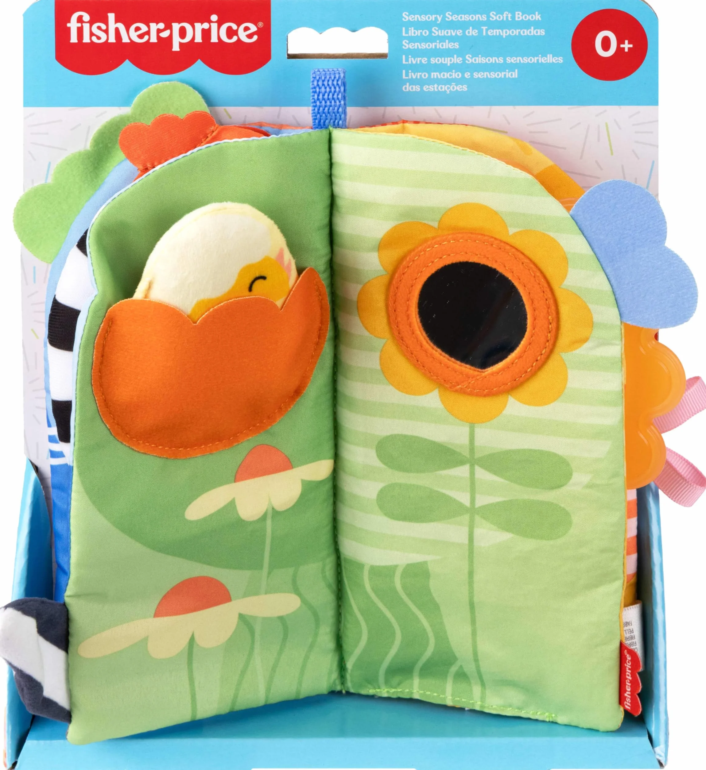 Fisher-Price Miękka książeczka sensoryczna – Pory roku, 4 strony, zabawa na brzuszku/na siedząco, aktywizująca zabawka sensoryczna dla noworodków i niemowląt, JKP53