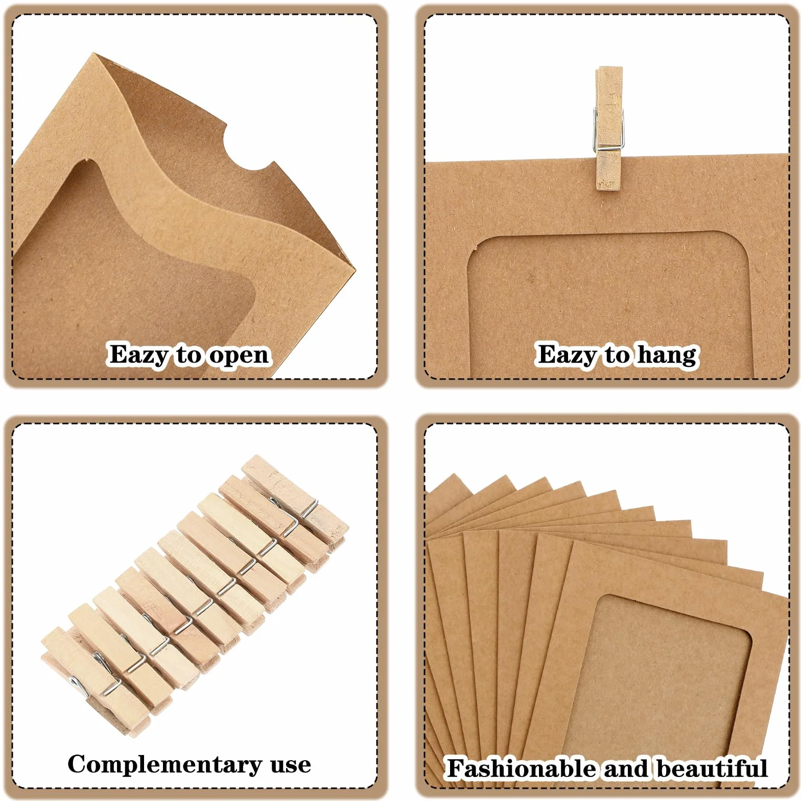 20 sztuk papierowych ramek na zdjęcia, z papieru typu kraftowego, 11,5 x 15,5 cm, linka na zdjęcia z 20 drewnianymi klamerkami, 2 sztuki, zestaw ramek na zdjęcia z kartonu, do domu, szkoły
