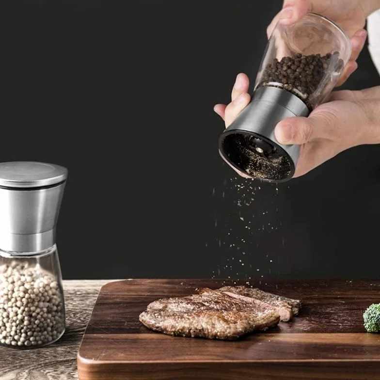 Młynek do pieprzu i soli, 5-poziomowy ceramiczny regulowany młynek do soli pieprzowej ze stali nierdzewnej, z możliwością ponownego napełniania(Stainless Steel 01)