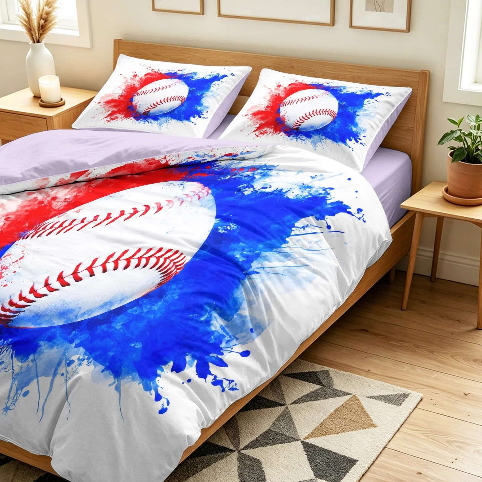 Sport Energie 4-częściowy kompletny zestaw pościeli, kolor fioletowy, 200 x 200 cm – baseballu, odwracalna pościel z mikrofibry, prześcieradło z gumką i poszewki na poduszki, miękka poszwa na kołdrę