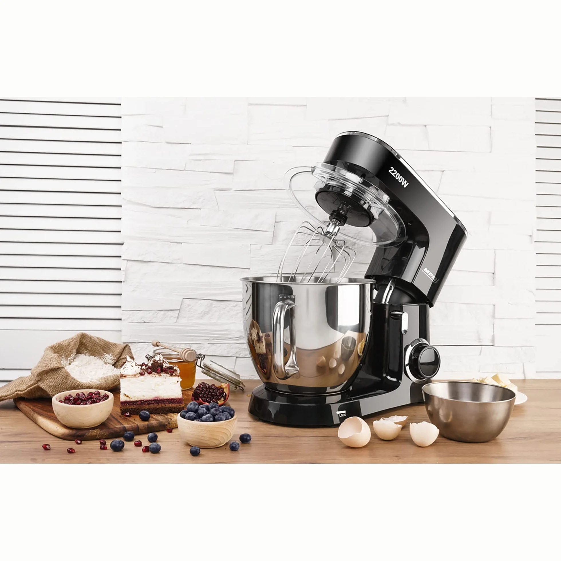MPM MRK-19B robot kuchenny, piekarnia, profesjonalny blender, ugniatarka, ciasto, orbital + waga, 2200 W, maks. 6,5 l, miska ze stali nierdzewnej, 6 stopni prędkości + funkcja pulsu, system