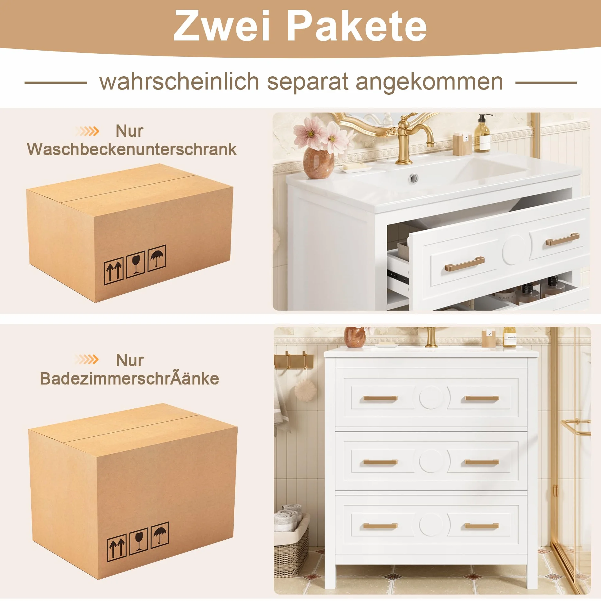 76,5 x 47 x 82 cm, wolnostojąca umywalka, całkowicie lakierowana, jednoczęściowa umywalka ceramiczna, trzy szuflady, bezgłośne wysuwanie, kolor biały.