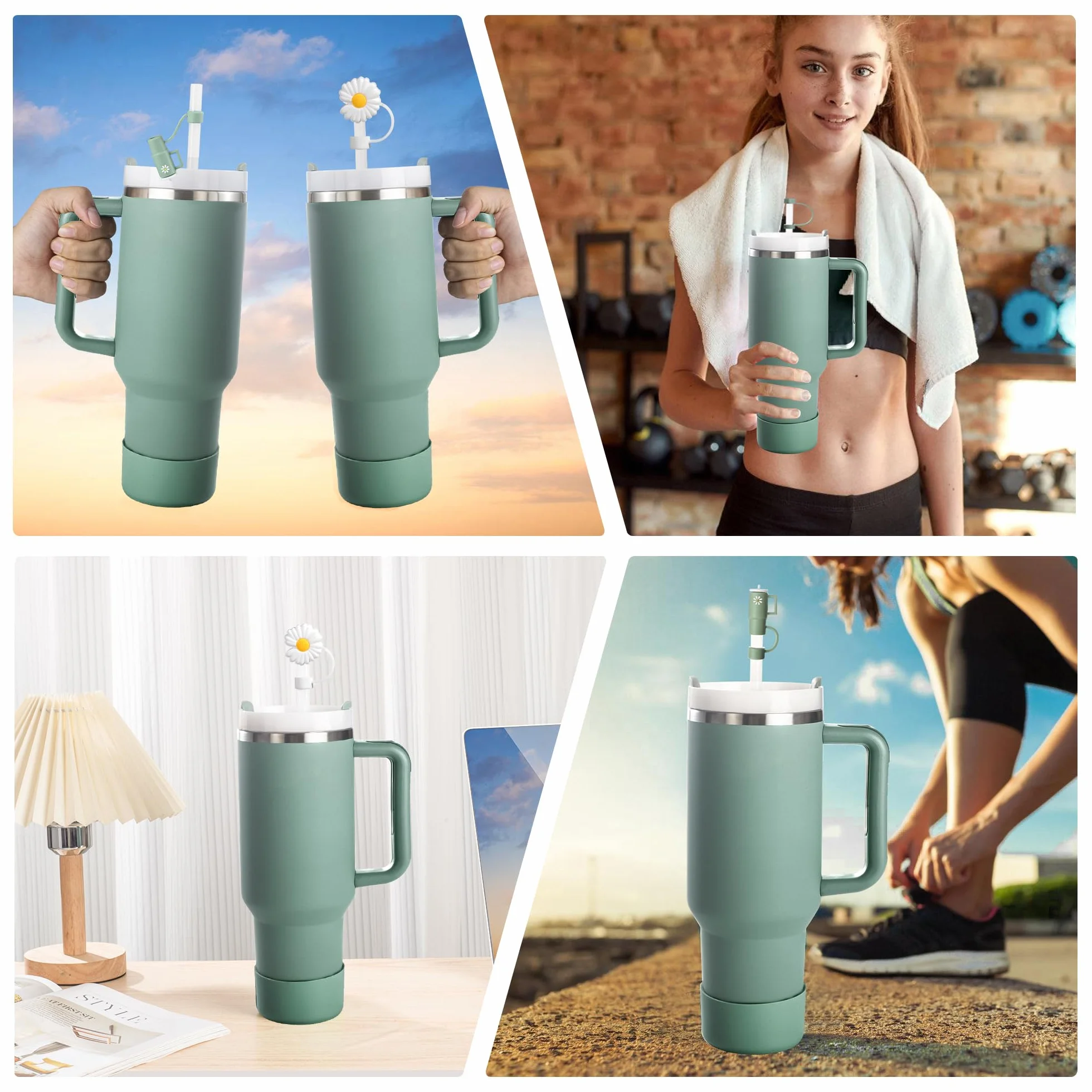 FOSFUKEER Zestaw akcesoriów na kubki Stanley, 6 szczelnych zatyczek silikonowych, 2 pokrywki z otworem na słomki, 1 silikonowe etui na kubek 1,2 l i 850 ml, bez kubków (eukaliptus)